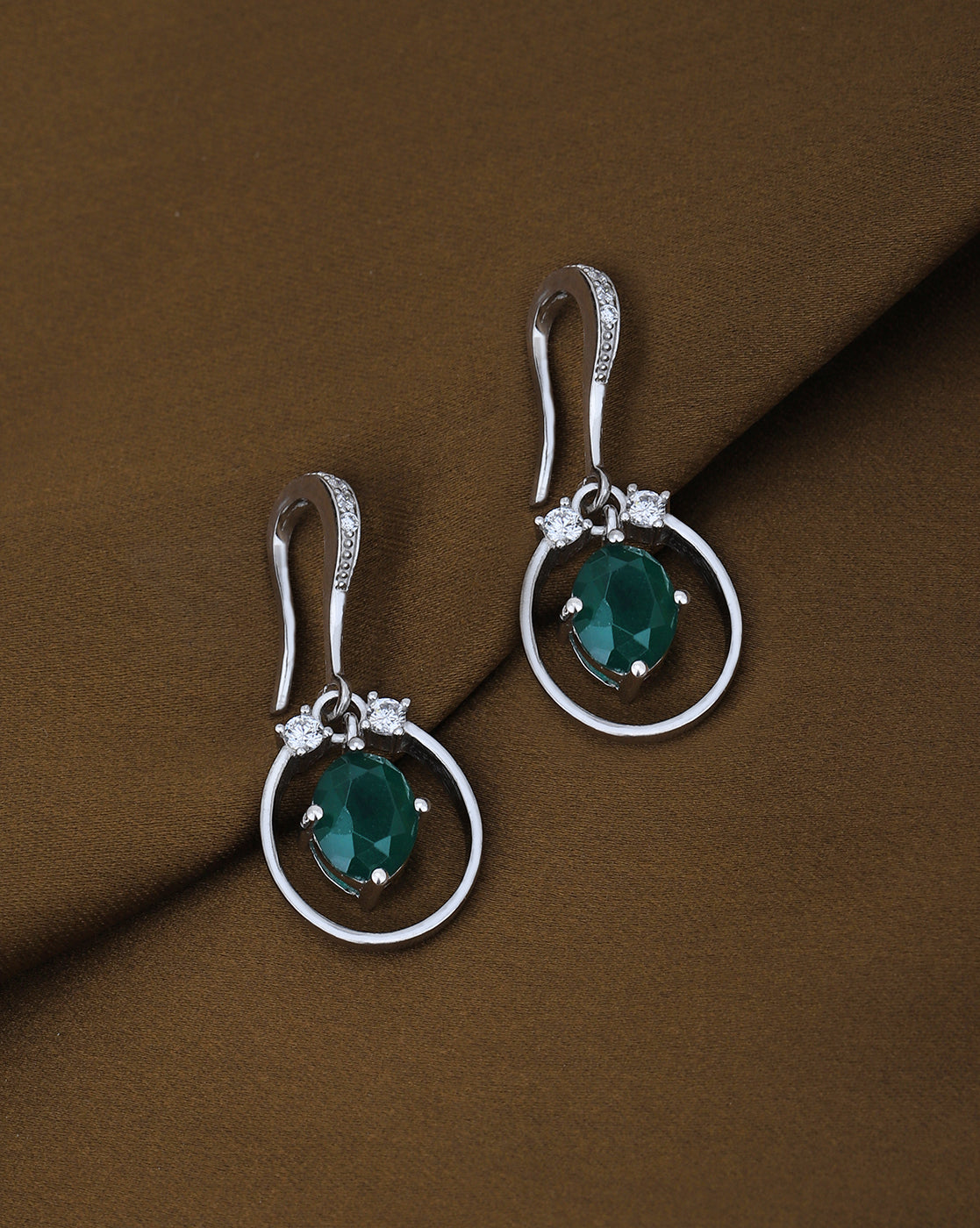 Rhodium Plated with CZ Oval Drop Earring for women