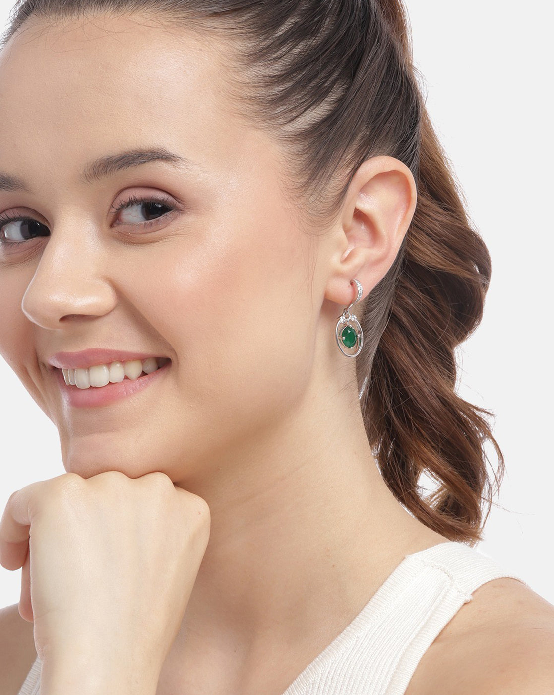 Rhodium Plated with CZ Oval Drop Earring for women