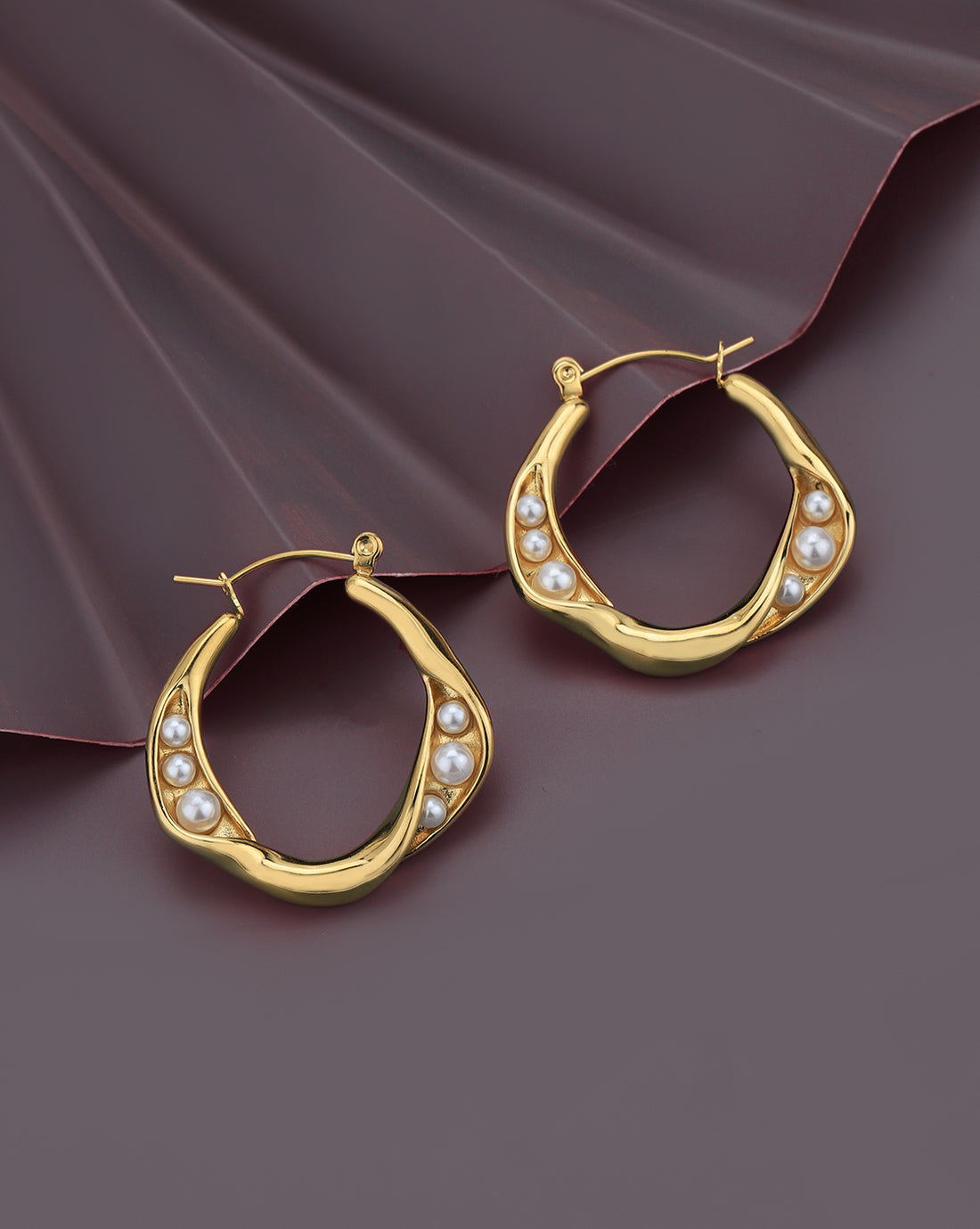 Gold Plated with Pearl Contemporary Hoop Earring for women