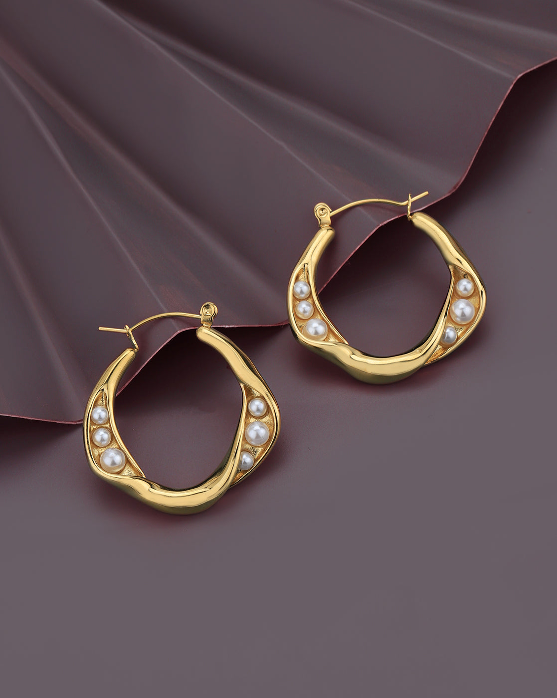 Gold Plated with Pearl Contemporary Hoop Earring for women