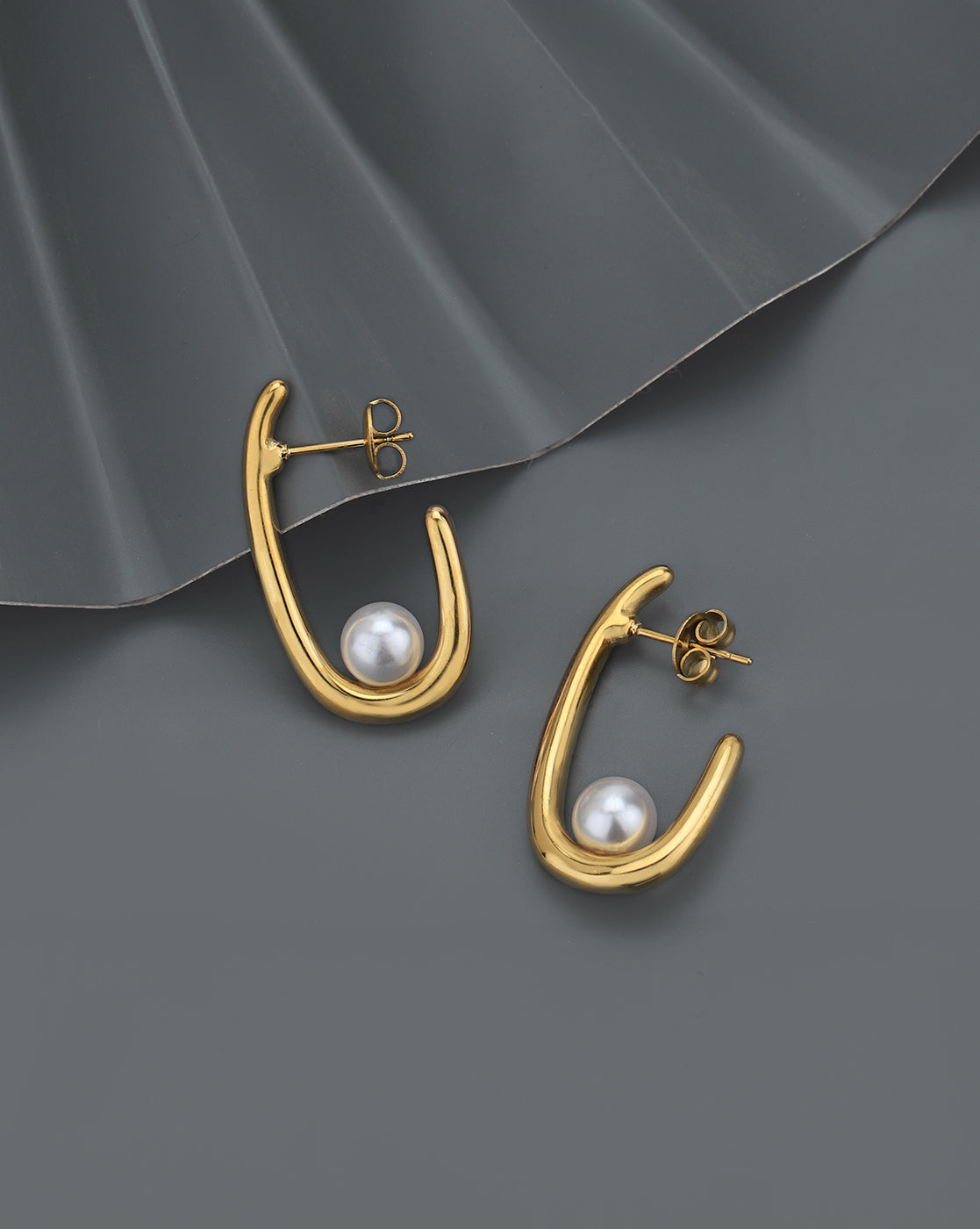Gold Plated with Pearl Contemporary Half Hoop Earring for women
