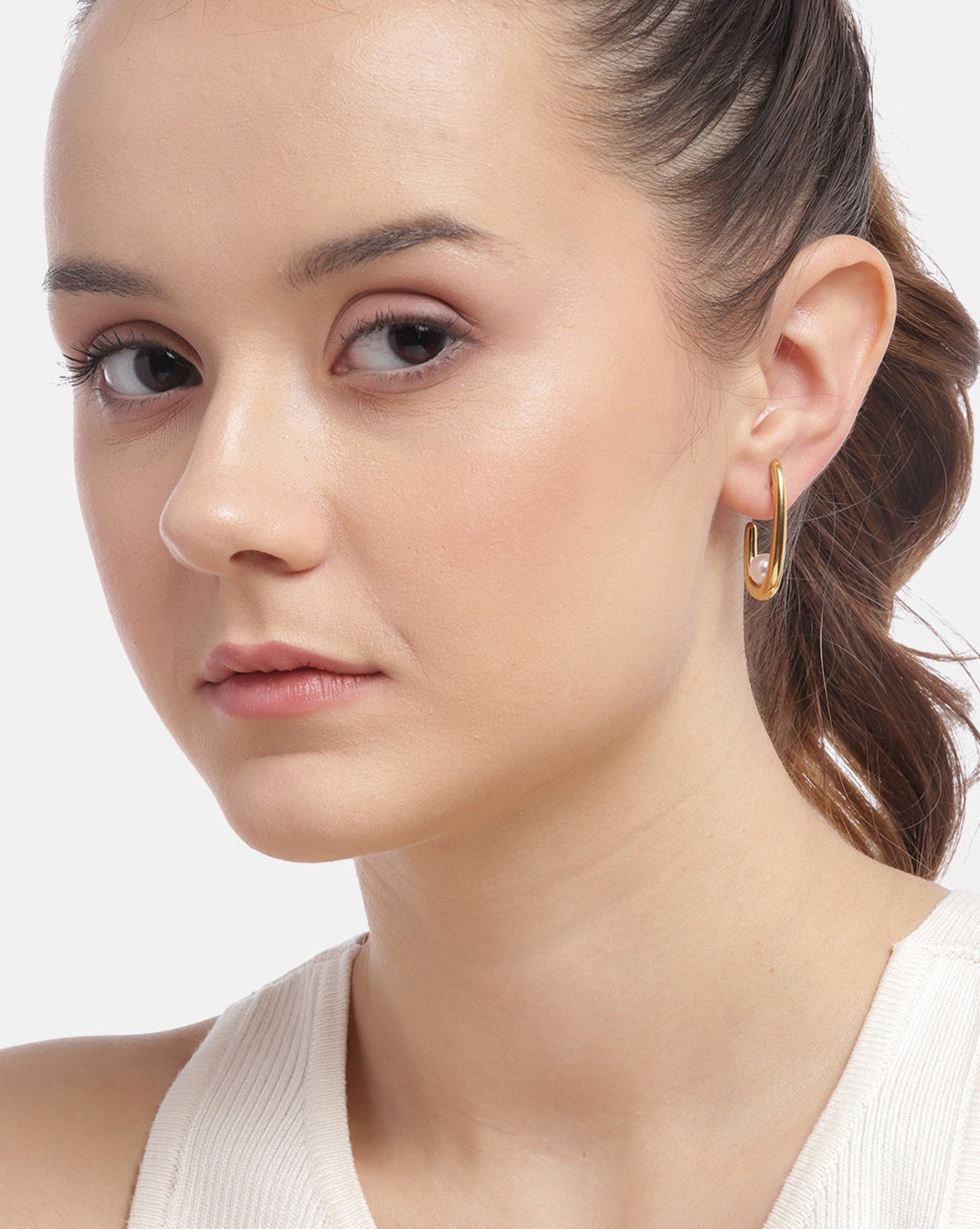 Gold Plated with Pearl Contemporary Half Hoop Earring for women
