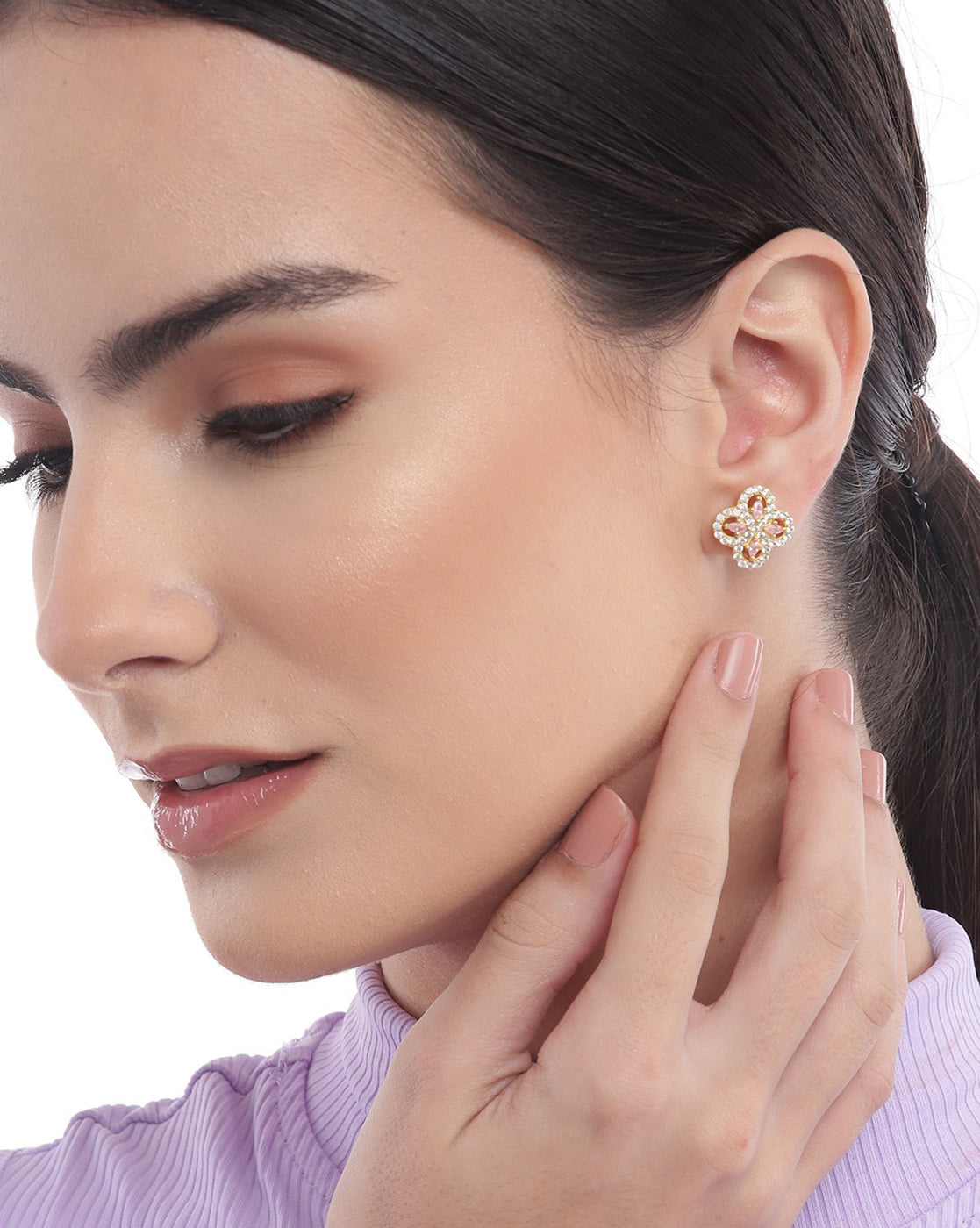 18kt Gold Plated with CZ Floral Stud Earring for women