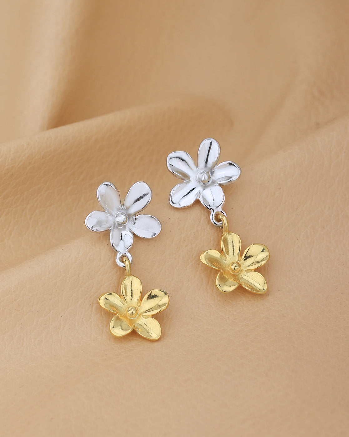 18kt Gold & Rhodium Plated Double Floral Drop Earring