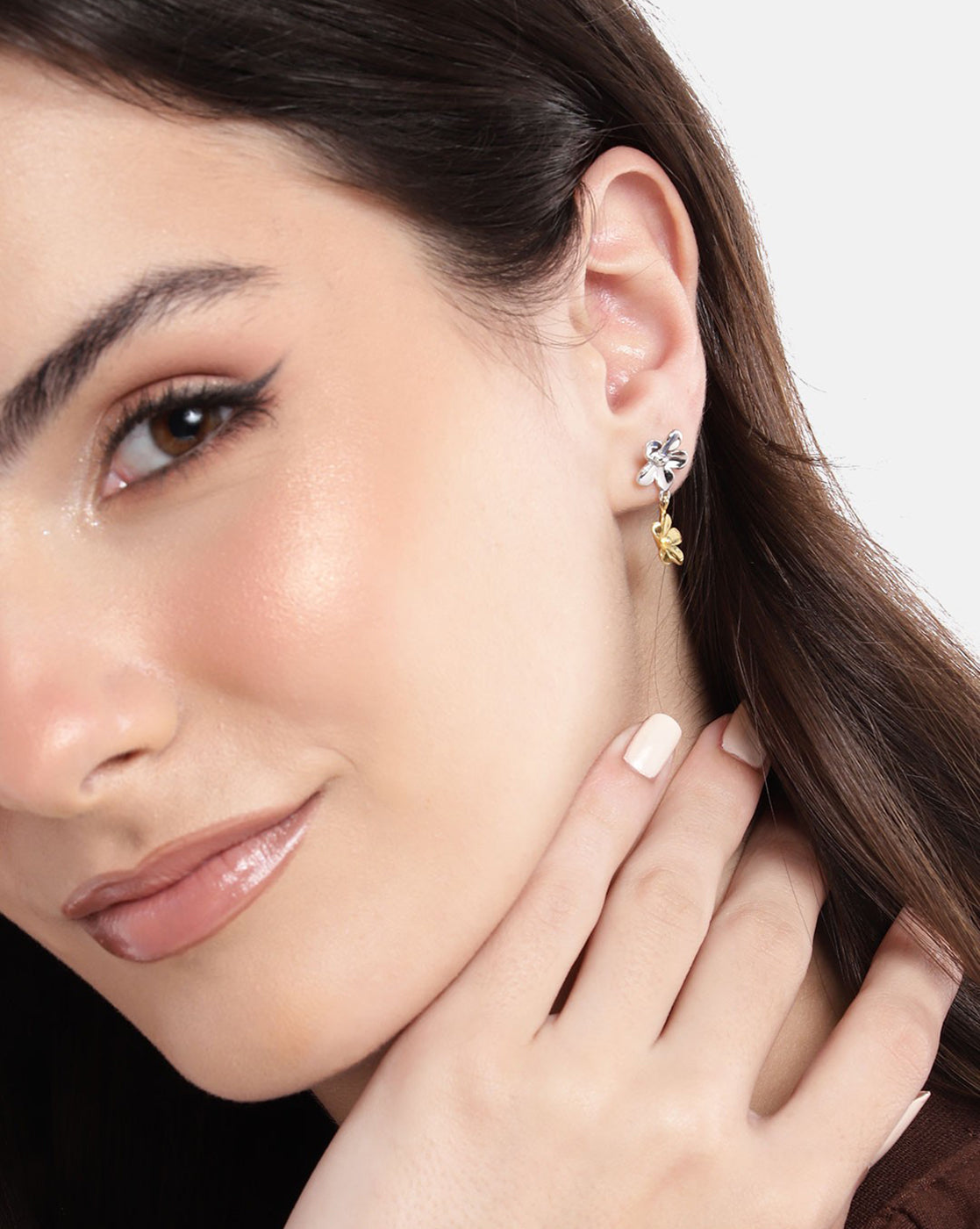 18kt Gold & Rhodium Plated Double Floral Drop Earring