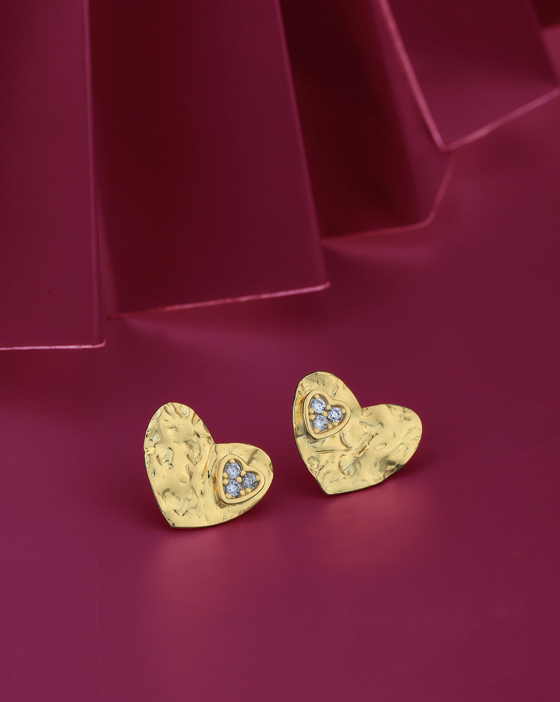 18kt Gold Plated with CZ Textured Heart Stud Earring