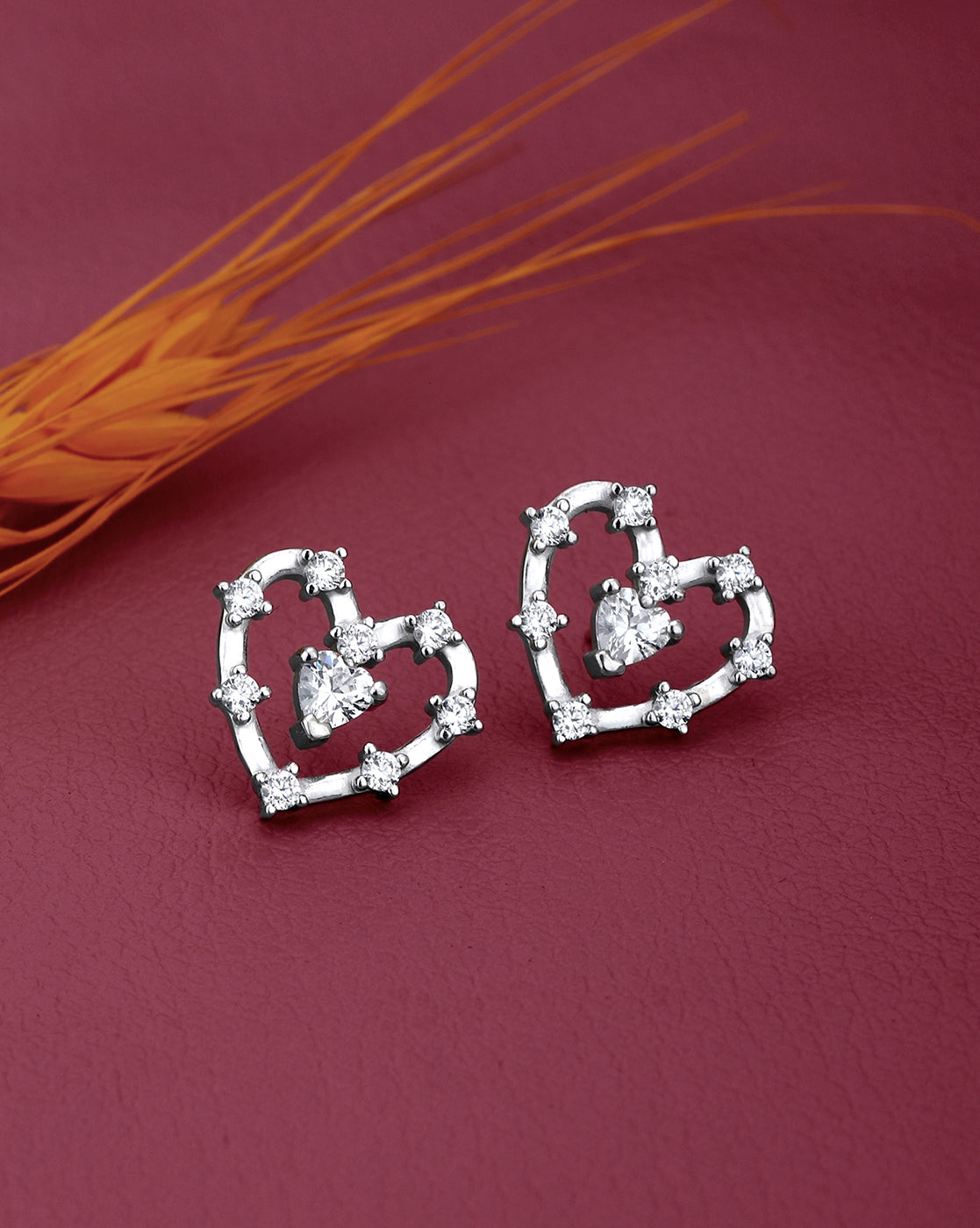 Rhodium Plated with CZ Heart Bold Stud Earring