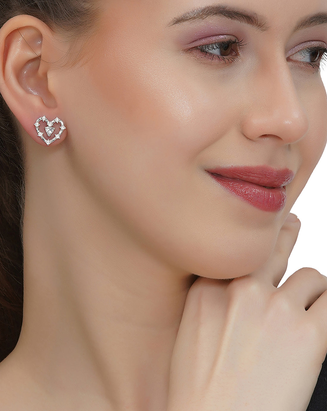 Rhodium Plated with CZ Heart Bold Stud Earring