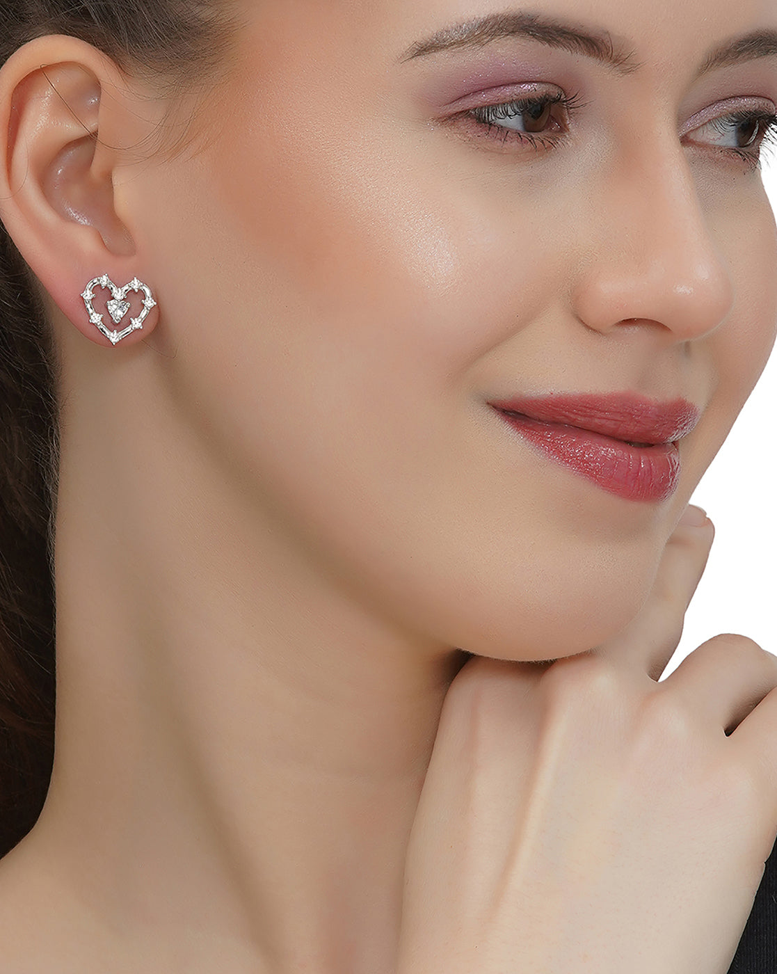 Rhodium Plated with CZ Heart Bold Stud Earring