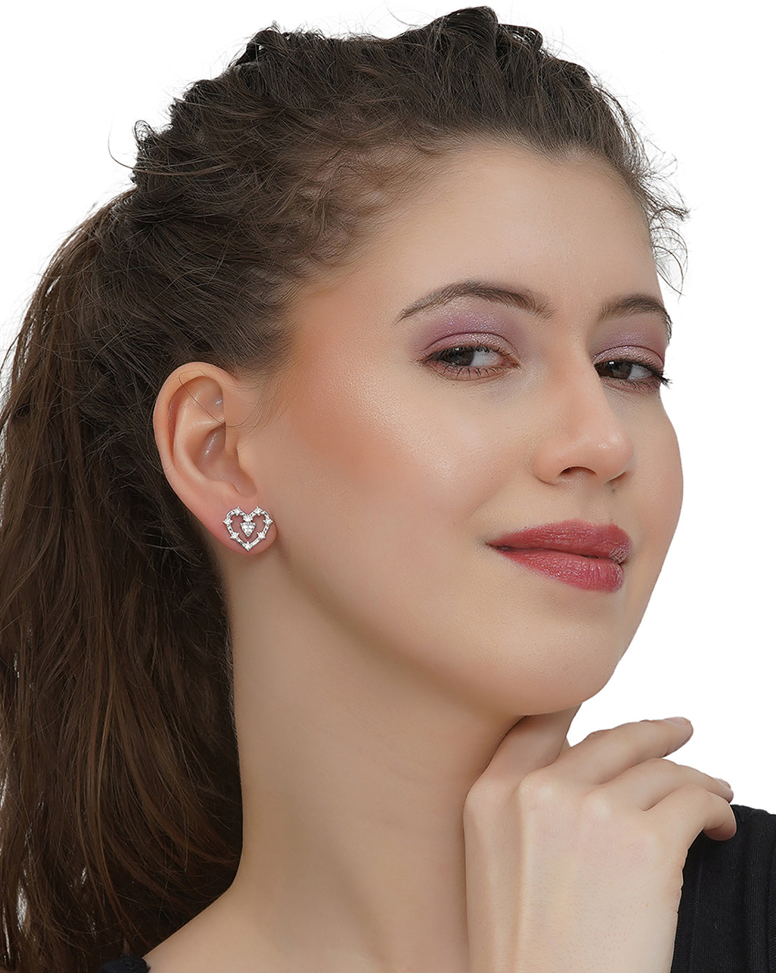 Rhodium Plated with CZ Heart Bold Stud Earring