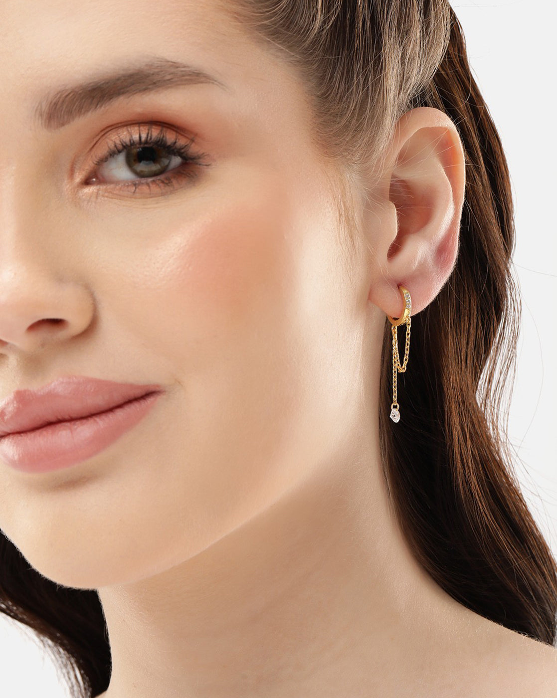 18kt Gold Plated with CZ Mini Hoop Chain Earring