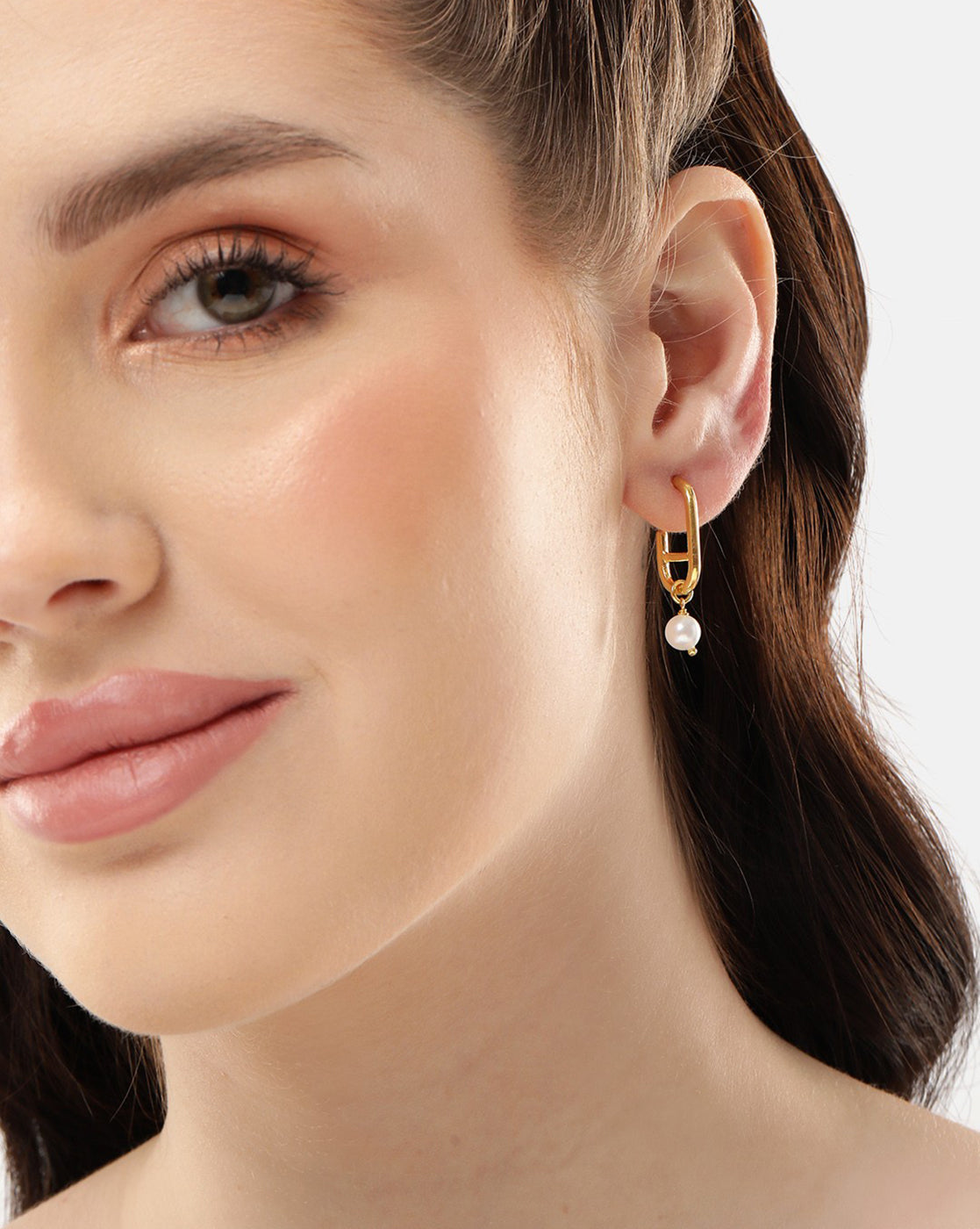 18kt Gold Plated with Pearl Half Hoop Earring