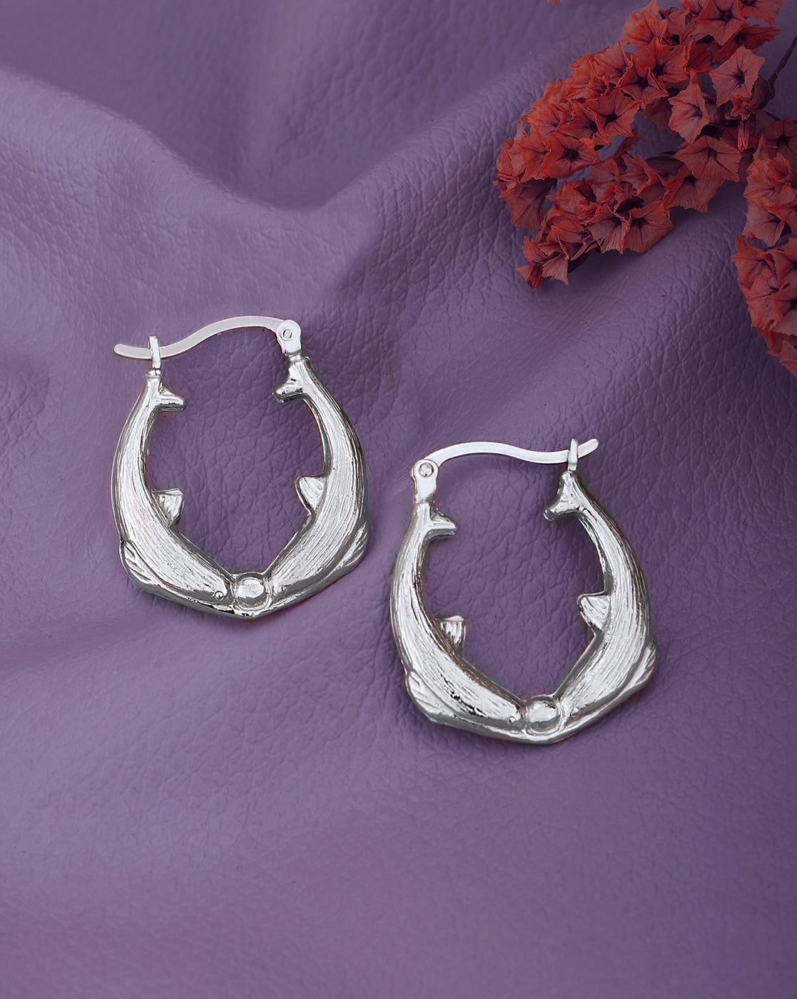 Rhodium Plated Twin Dolphin Hoop Earring