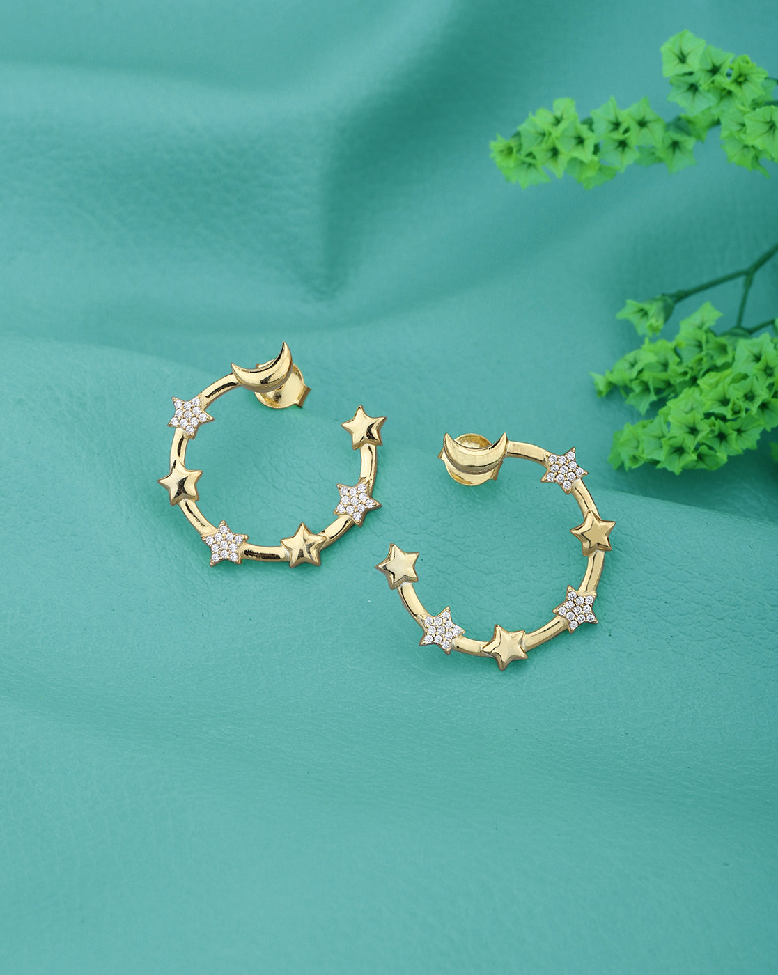 18kt Gold Plated with CZ Moon and Star Half Hoop Earring