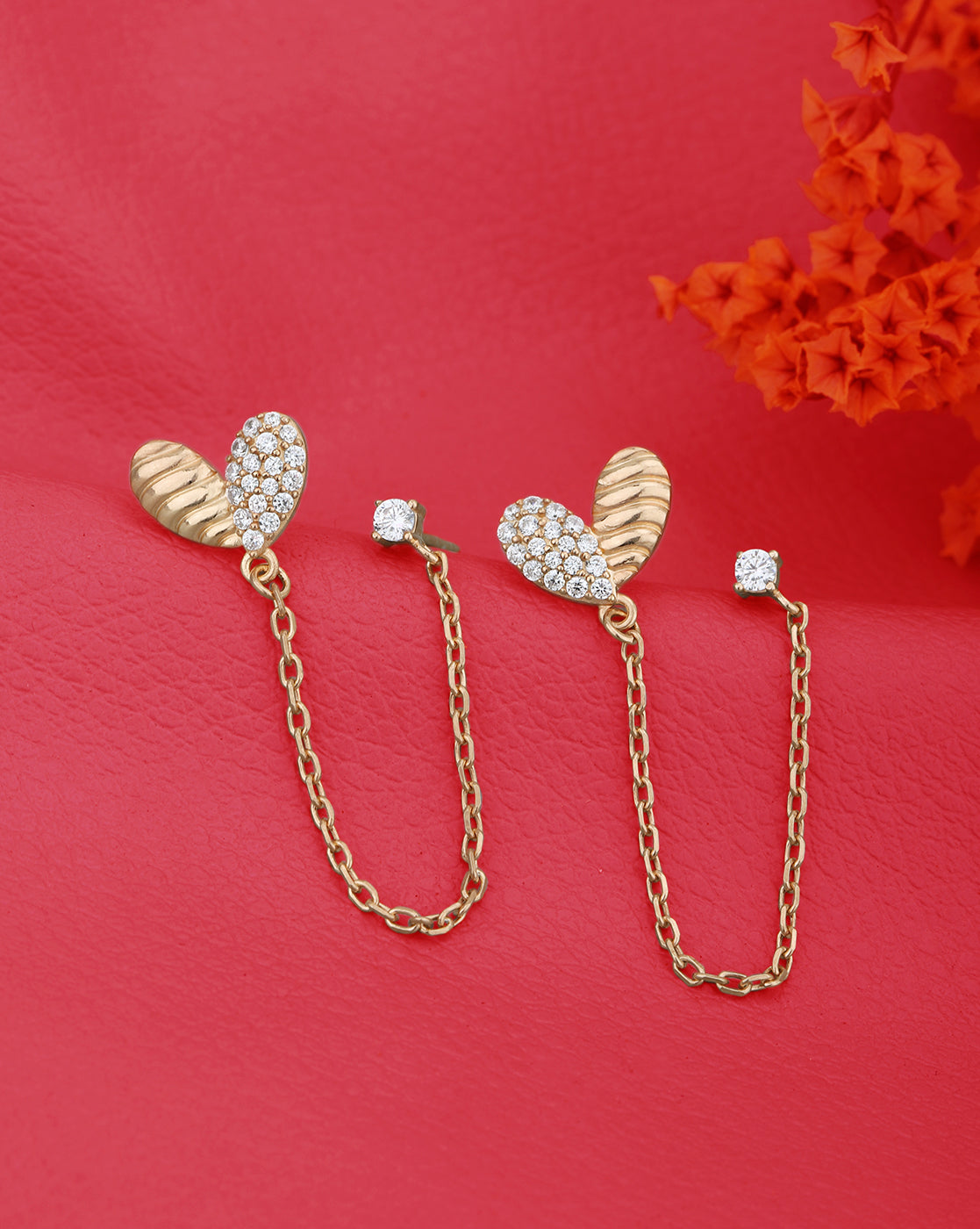 18kt Rose Gold Plated and CZ Double Stud with Chain Earring