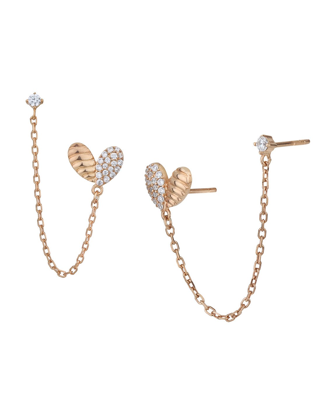 18kt Rose Gold Plated and CZ Double Stud with Chain Earring