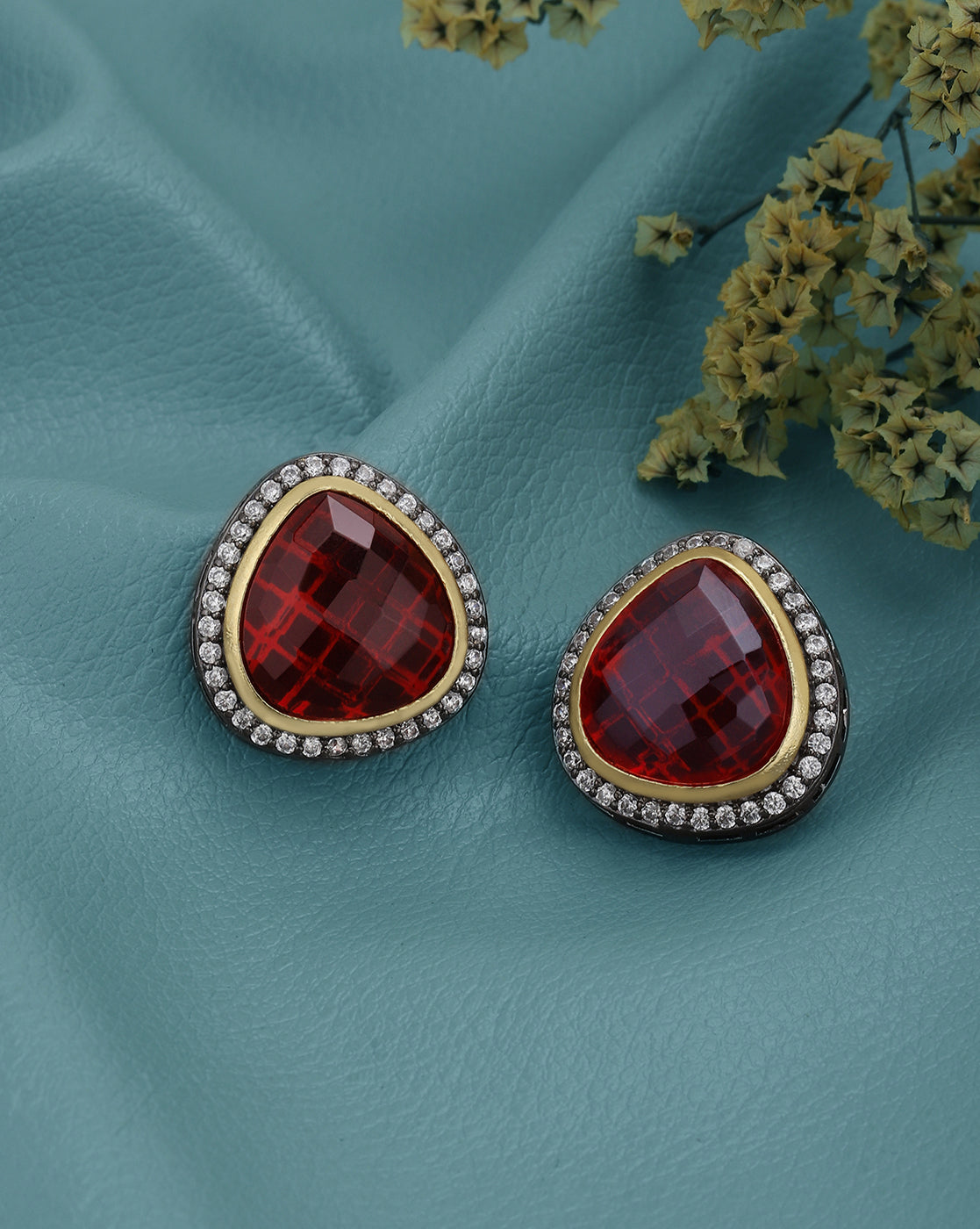 Gold Plated with CZ & Red Ruby Stone Oxidised Bold Stud Earring