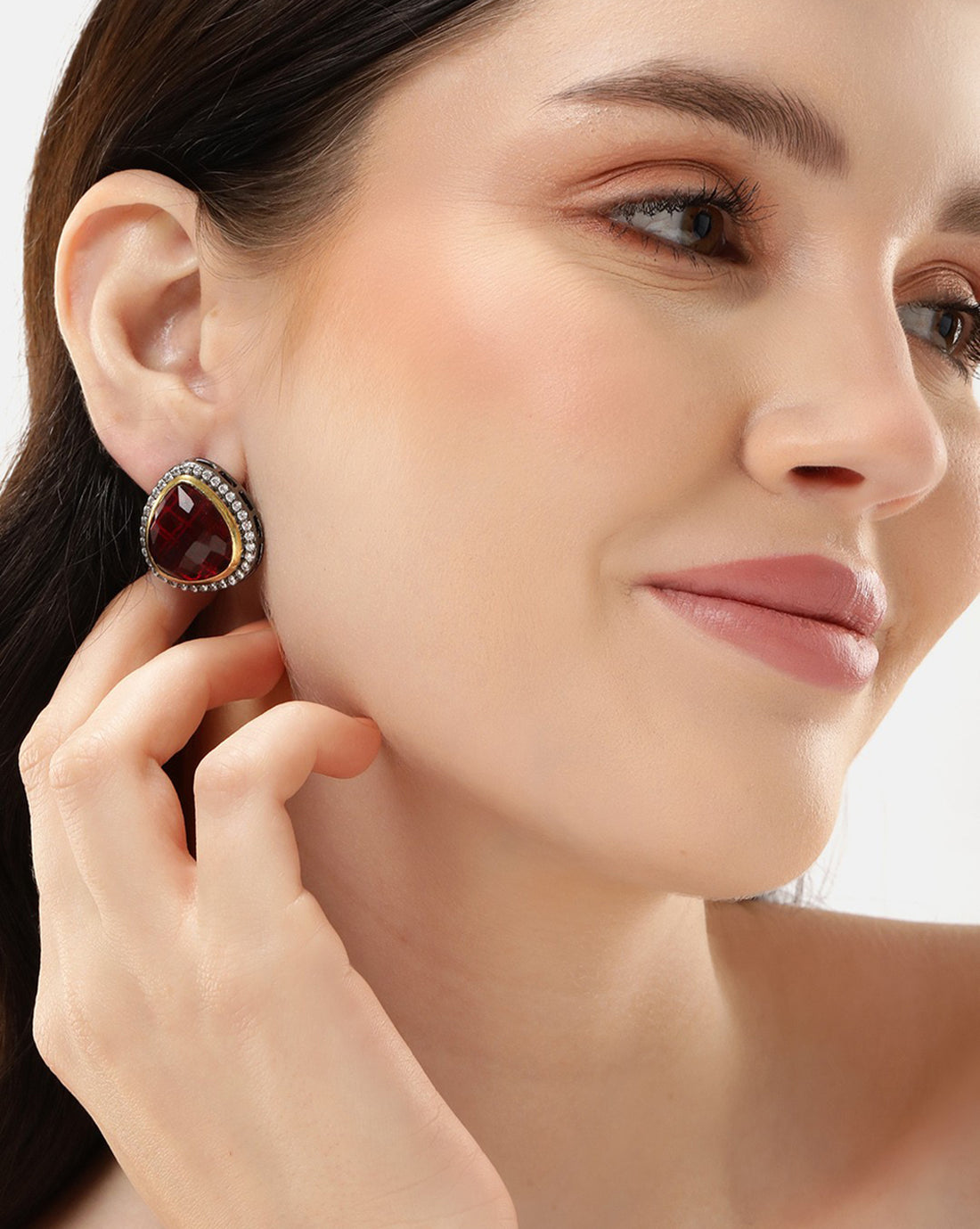 Gold Plated with CZ & Red Ruby Stone Oxidised Bold Stud Earring