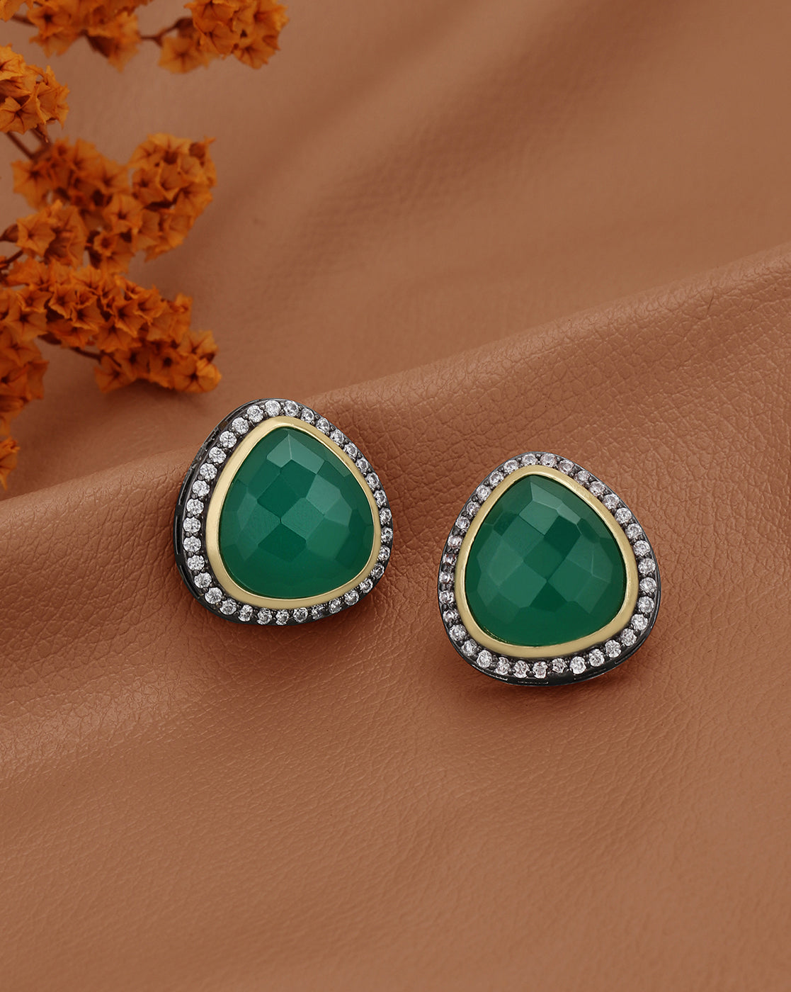 Gold Plated with CZ & Mint Green Onyx Stone Oxidised Bold Stud Earring