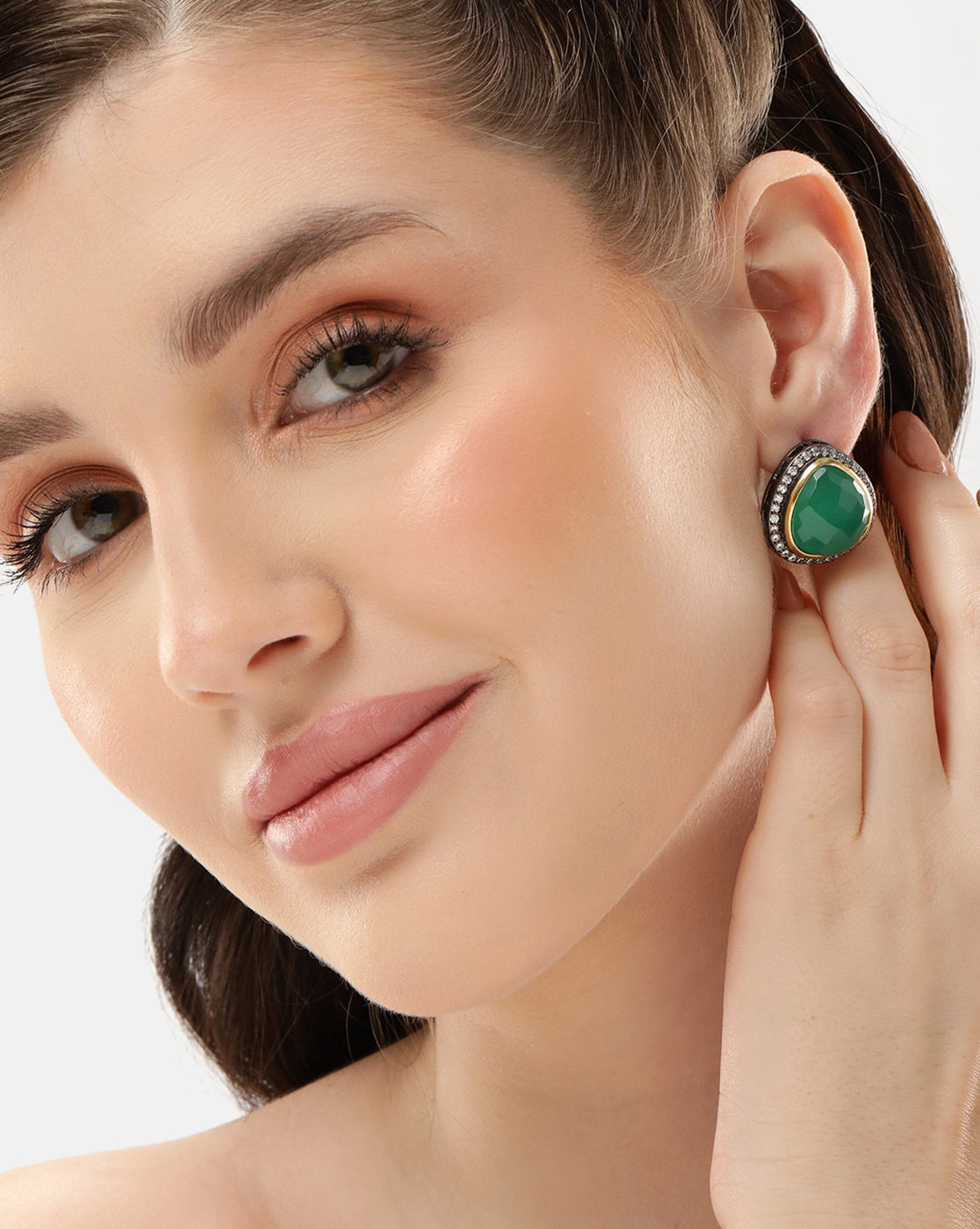 Gold Plated with CZ & Mint Green Onyx Stone Oxidised Bold Stud Earring
