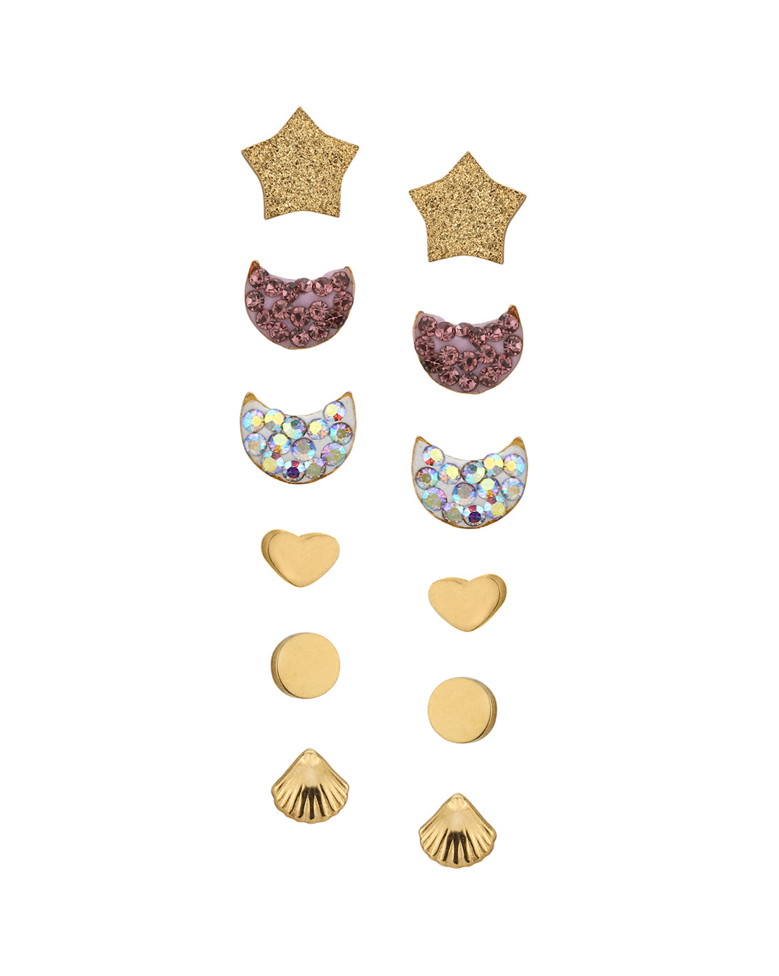 Set of 6-18kt Gold Plated Stainless Steel Stud Earring Set