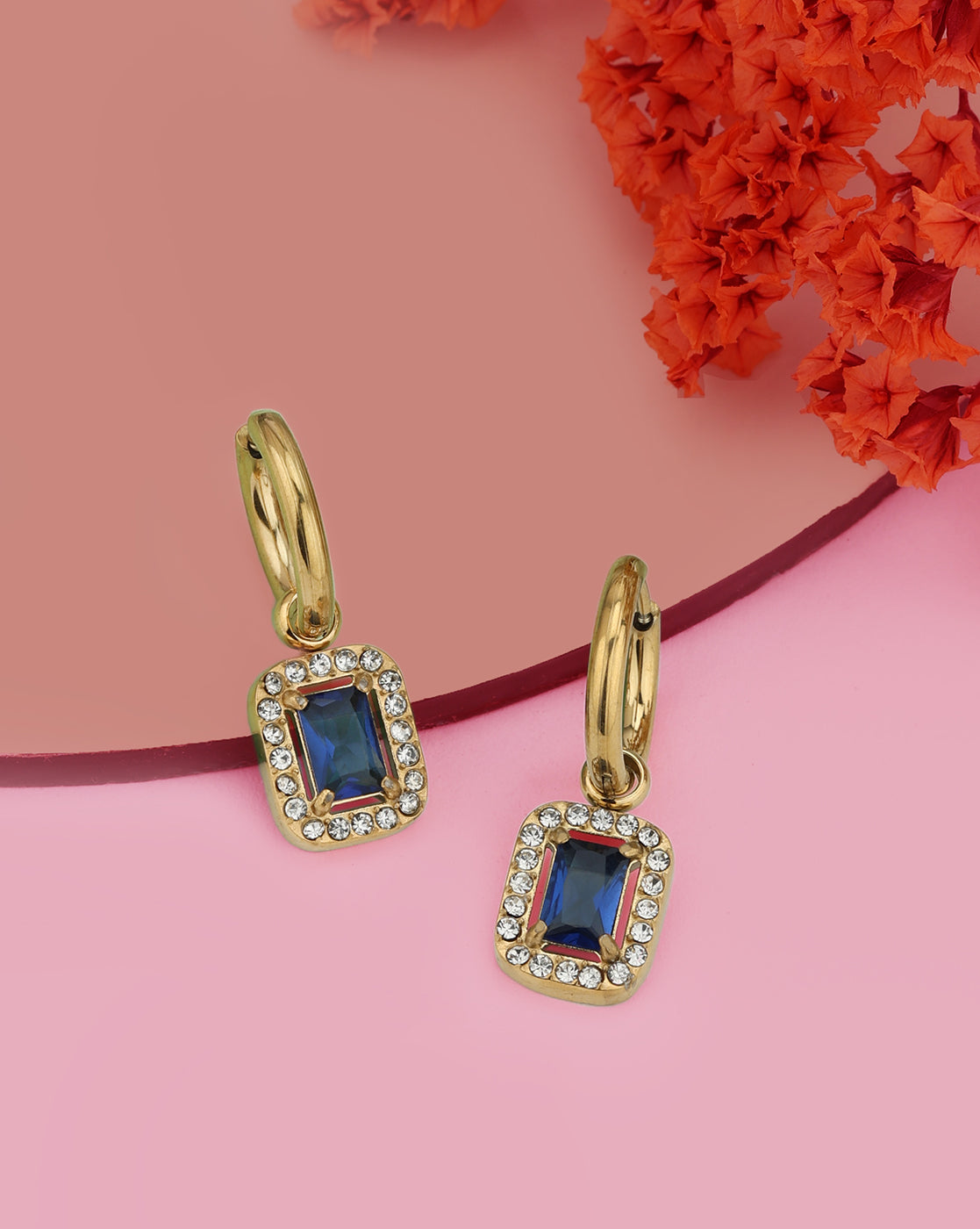 18kt Gold Plated Stainless Steel CZ Square Hoop Earring