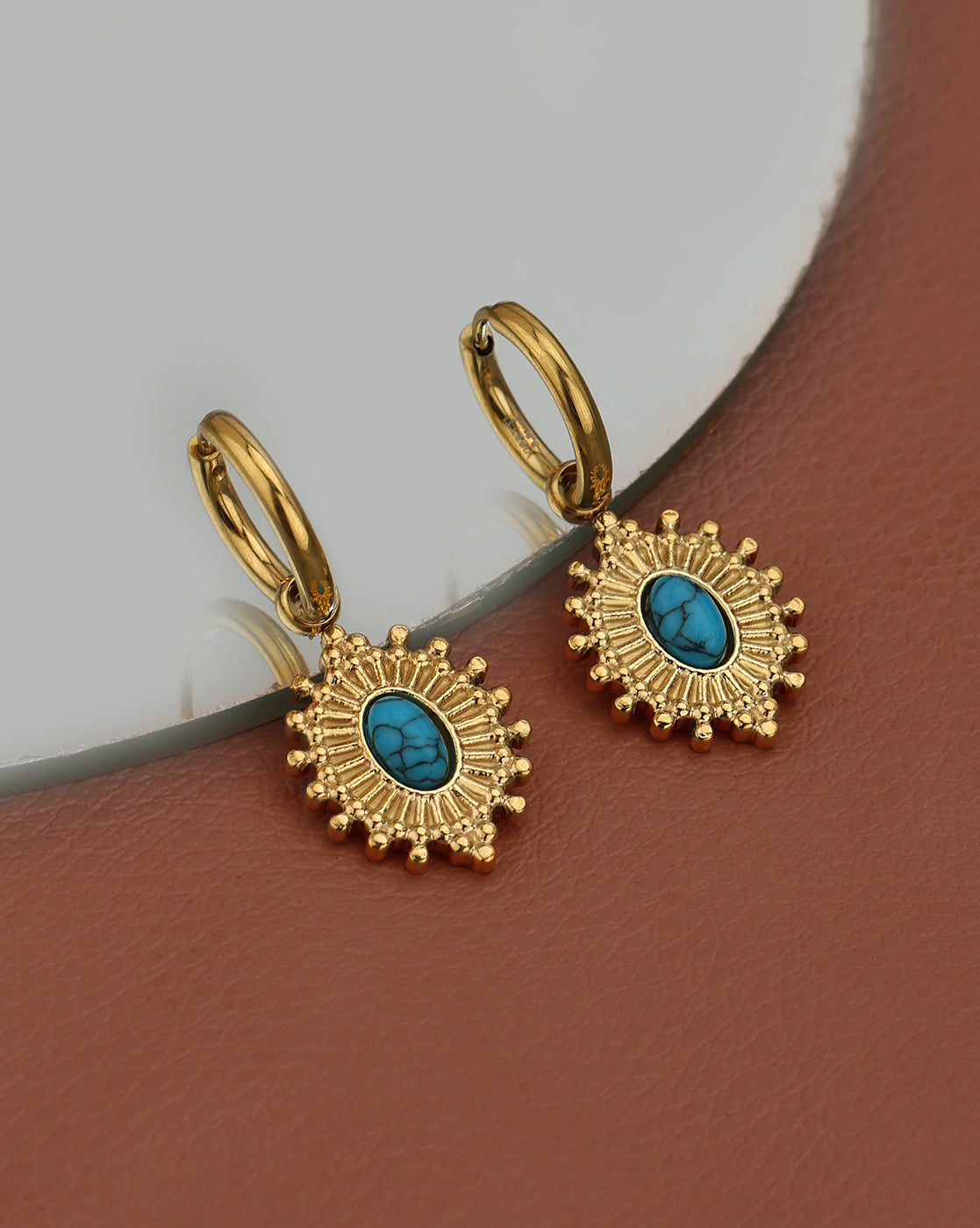 18kt Gold Plated Stainless Steel Turquoise Studded Hoop Earring