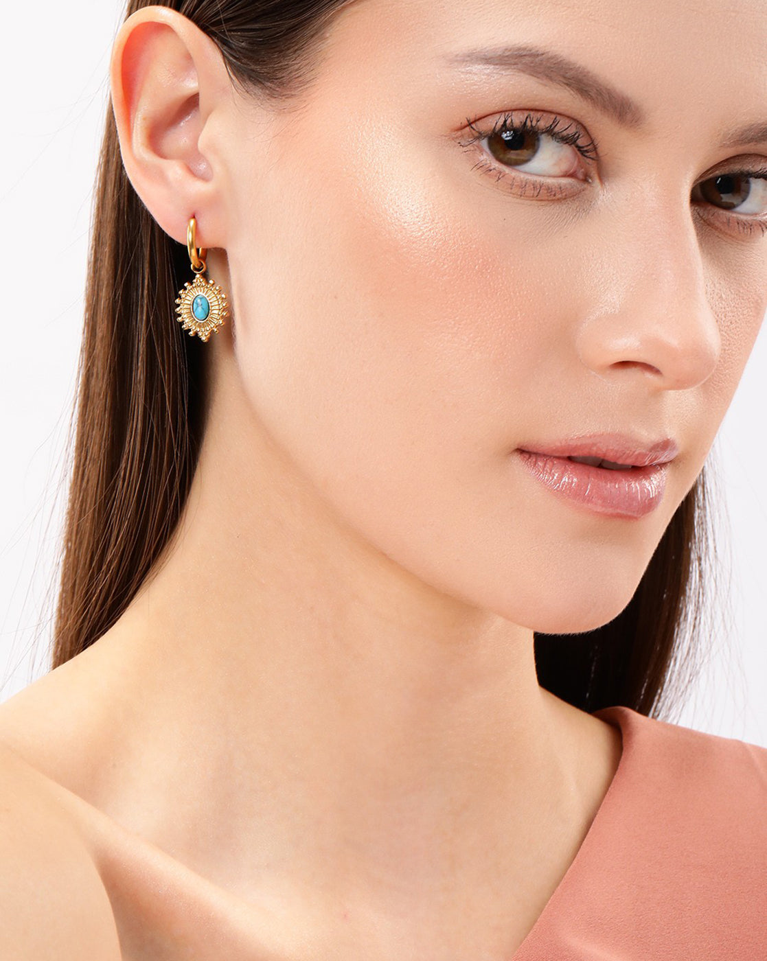 18kt Gold Plated Stainless Steel Turquoise Studded Hoop Earring