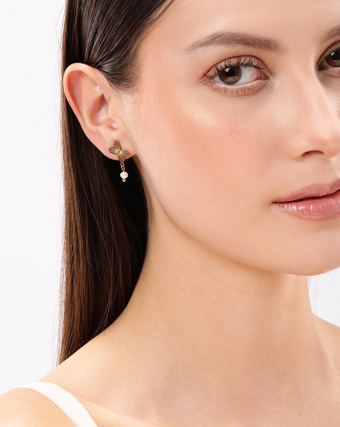 18kt Gold Plated Stainless Steel Butterfly Pearl Drop Earring