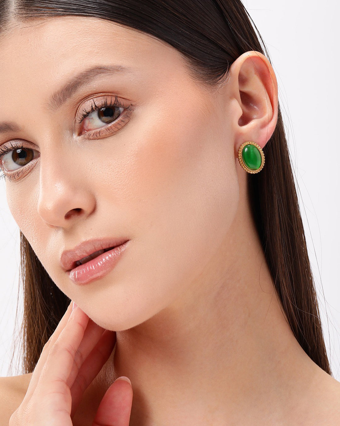 18kt Gold Plated Stainless Steel Green Emerald Stone Bold Stud Earring
