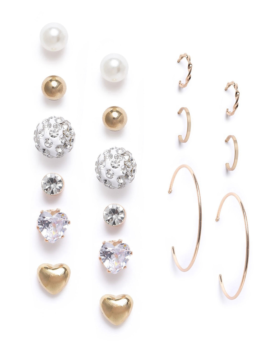 Set of 9 Two Tone CZ and Pearl Hoop & Stud Multipack Earring Set