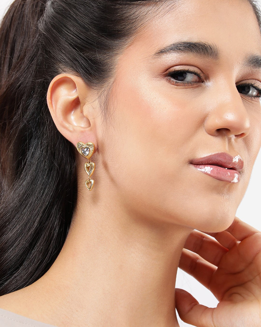 Gold Plated CZ Triple Heart Drop Earring