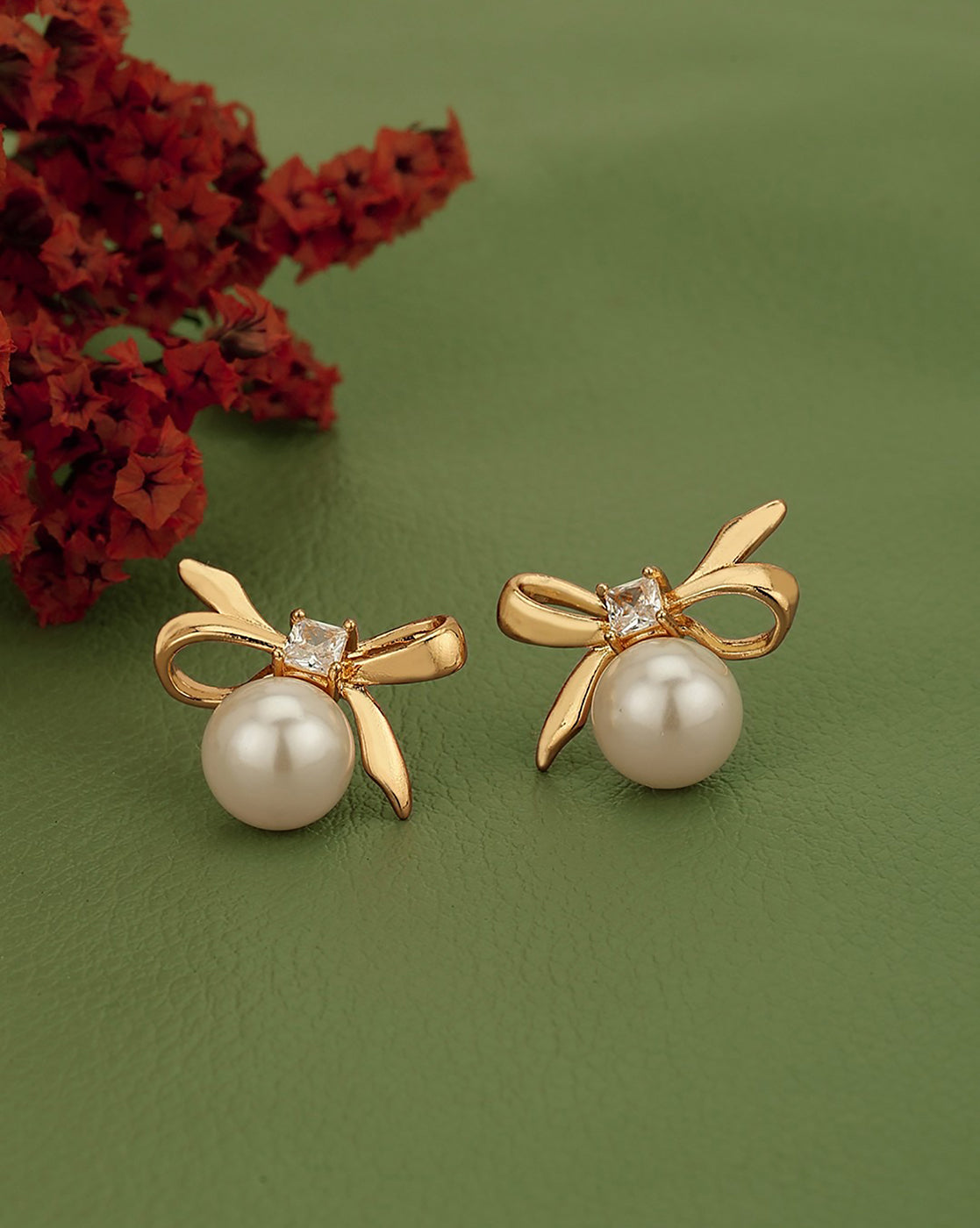 Gold Plated CZ and Pearl Butterfly Bow Bold Stud Earring
