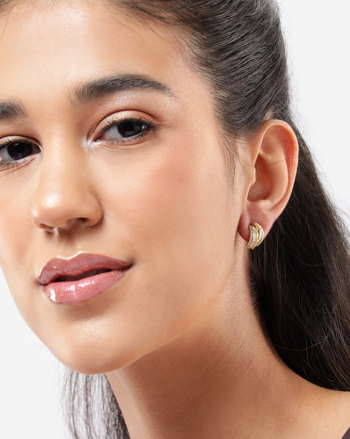 Gold Plated CZ Crescent Fancy Half Hoop Earring