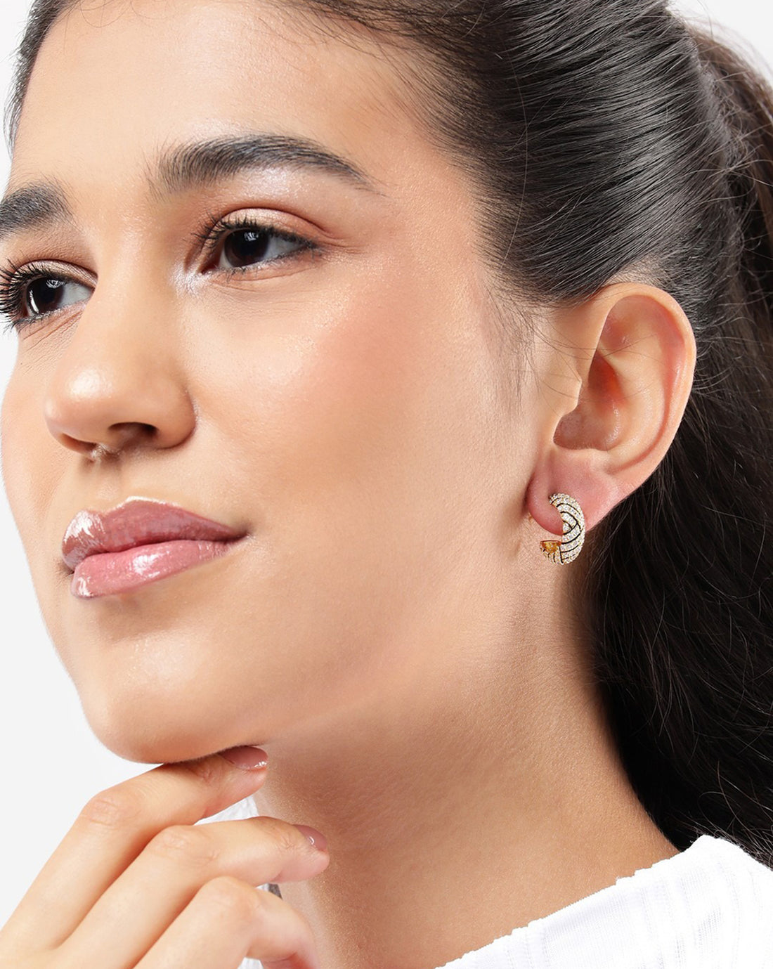 Gold Plated CZ Crescent Half Hoop Earring