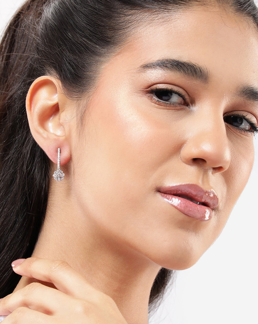 Silver Plated CZ Dangling Floral Drop Earring