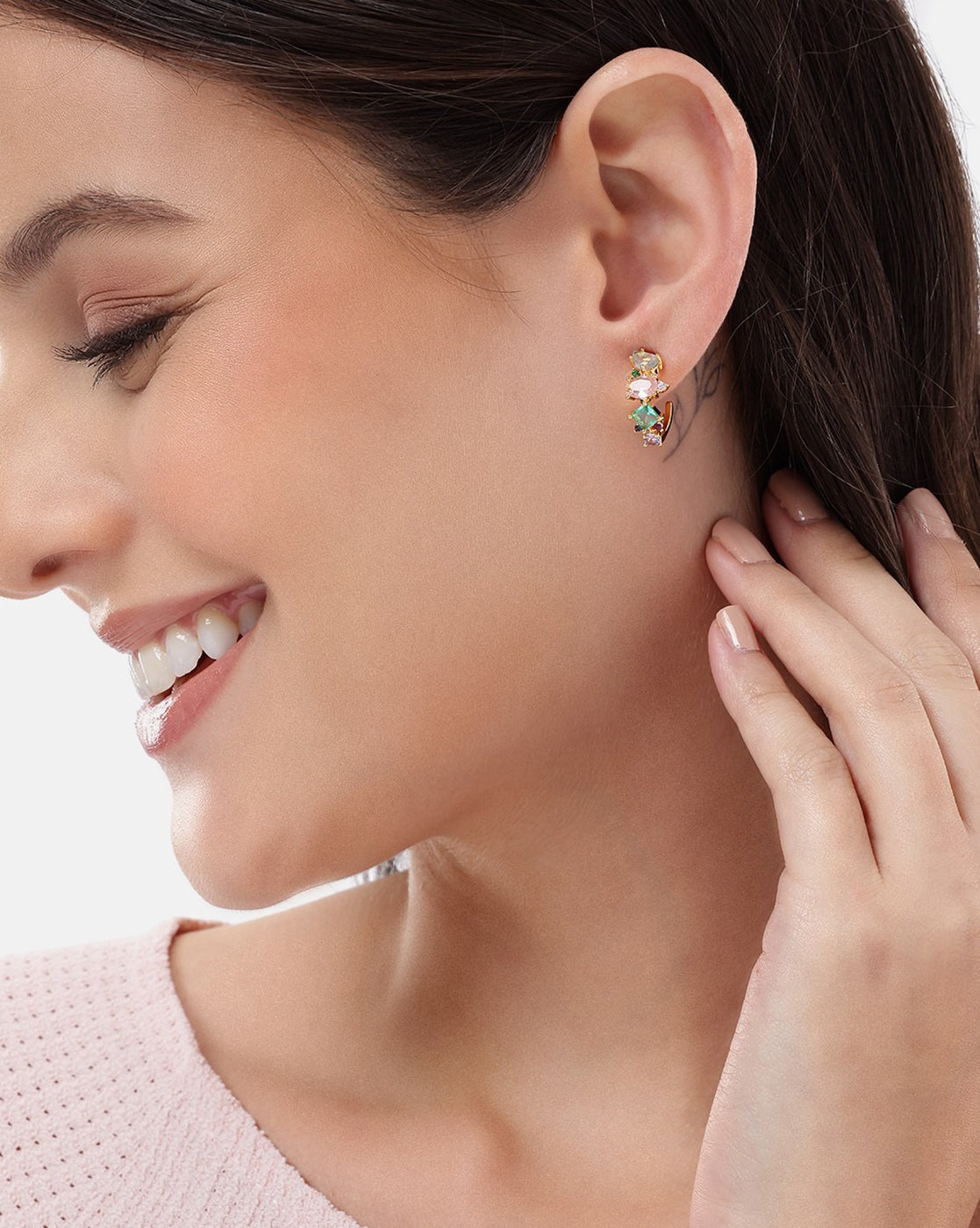 Gold Plated Multi Colour CZ Fancy Half Hoop Earring