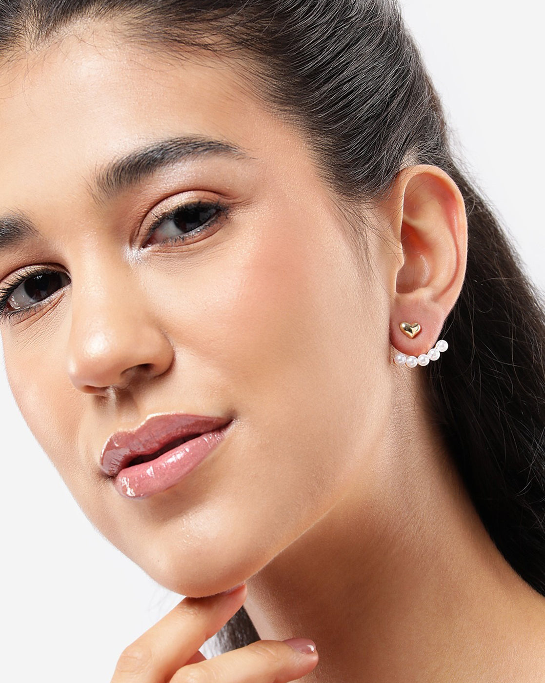 Gold Plated CZ and Pearl Fancy Heart Ear Jacket Earring