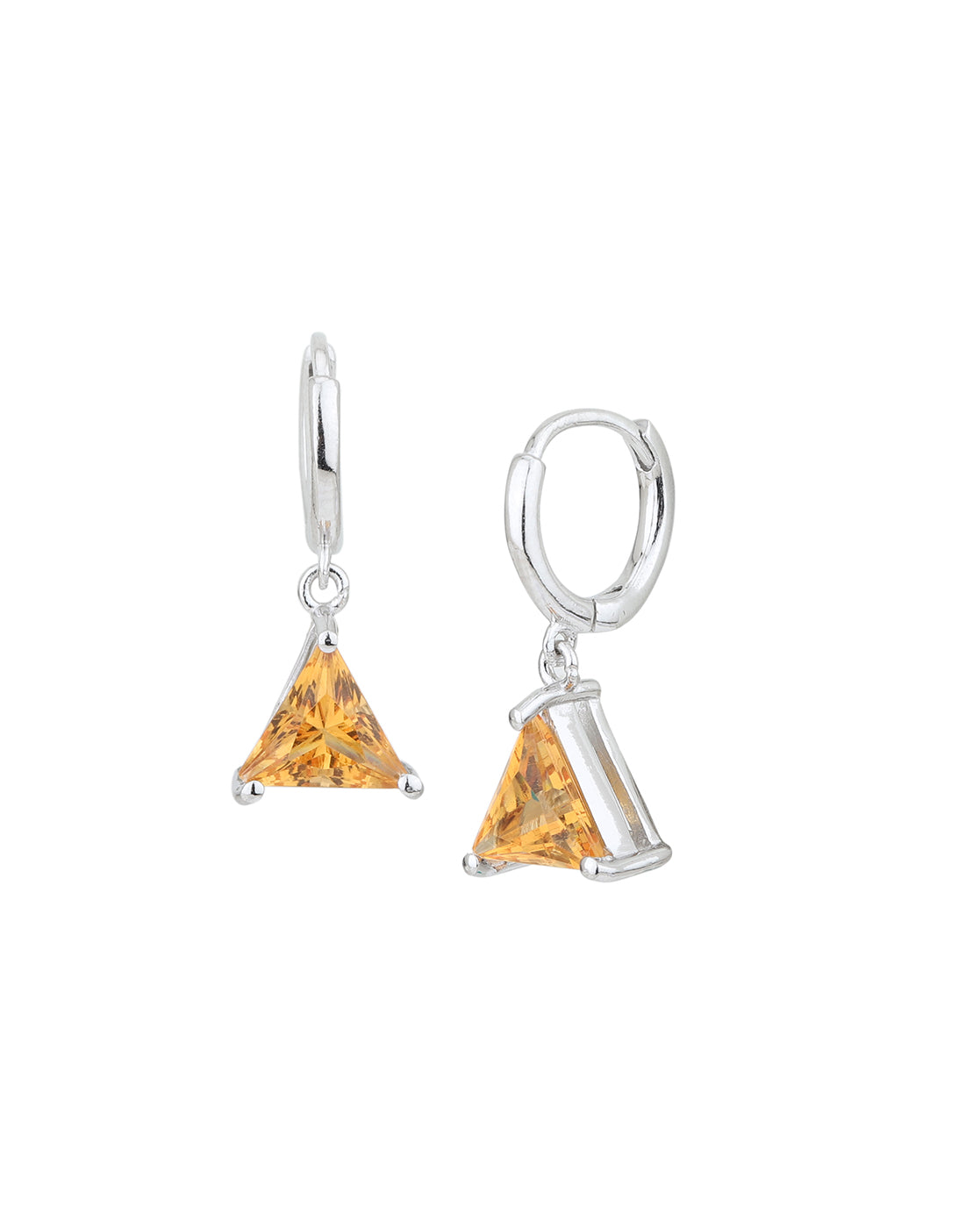 Rhodium Plated CZ Citrine Triangular Hoop Earring