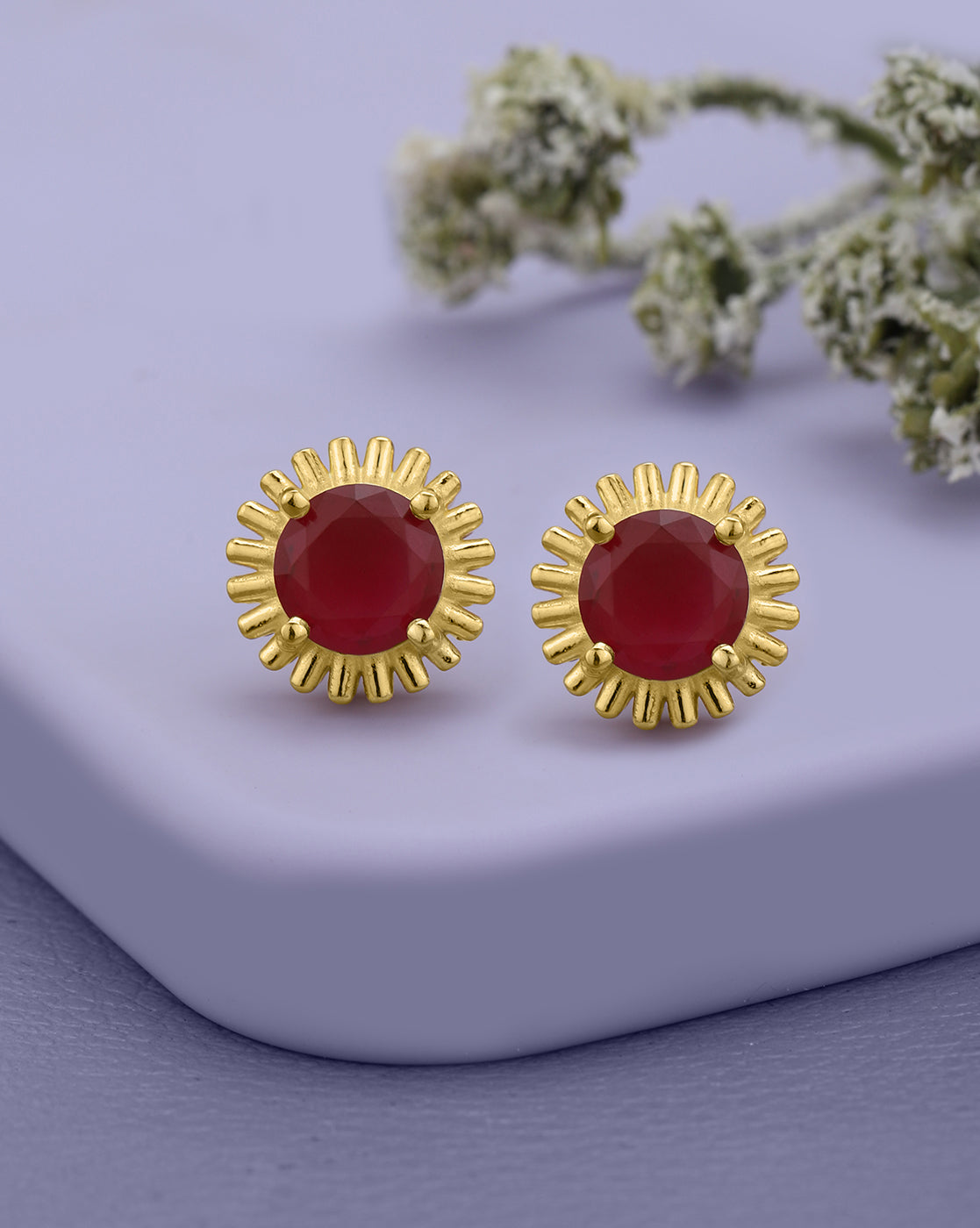 18kt Gold Plated CZ Ruby Sunflower Stud Earring