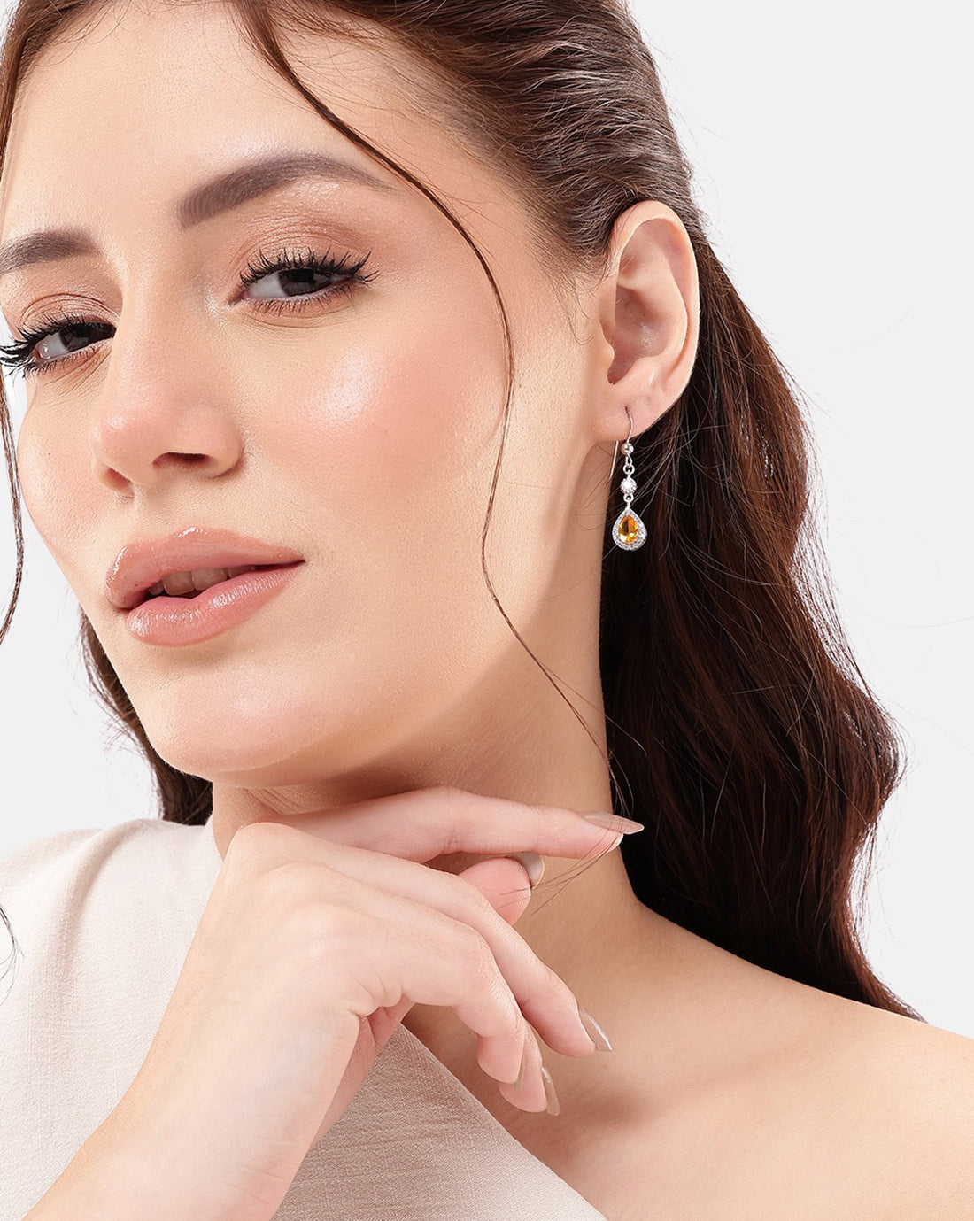 Rhodium Plated CZ Citrine Teardrop Drop Earring