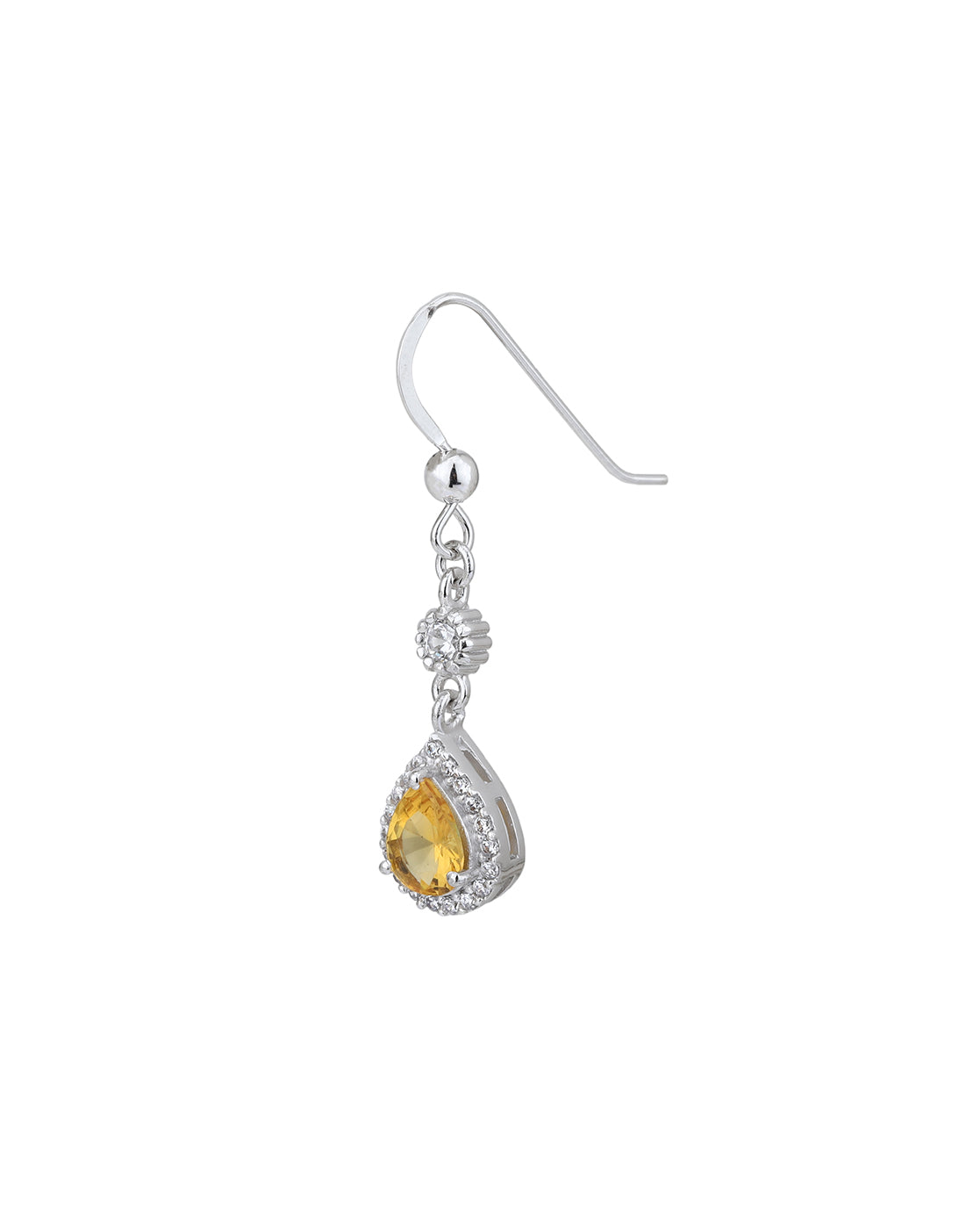 Rhodium Plated CZ Citrine Teardrop Drop Earring