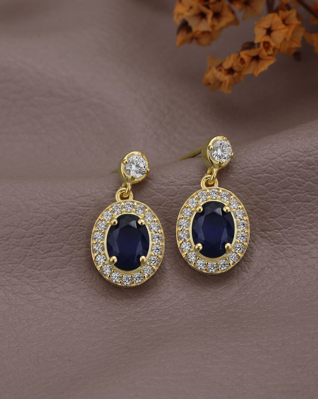 18kt Gold Plated CZ Saphire Oval Drop Earring