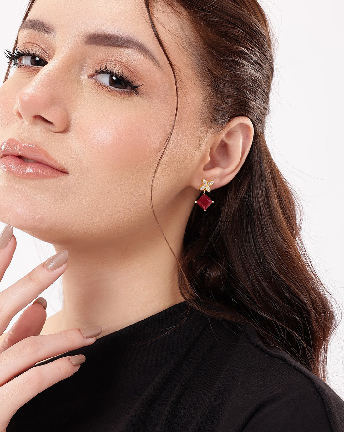 18kt Gold Plated CZ Floral Ruby Square Drop Earring