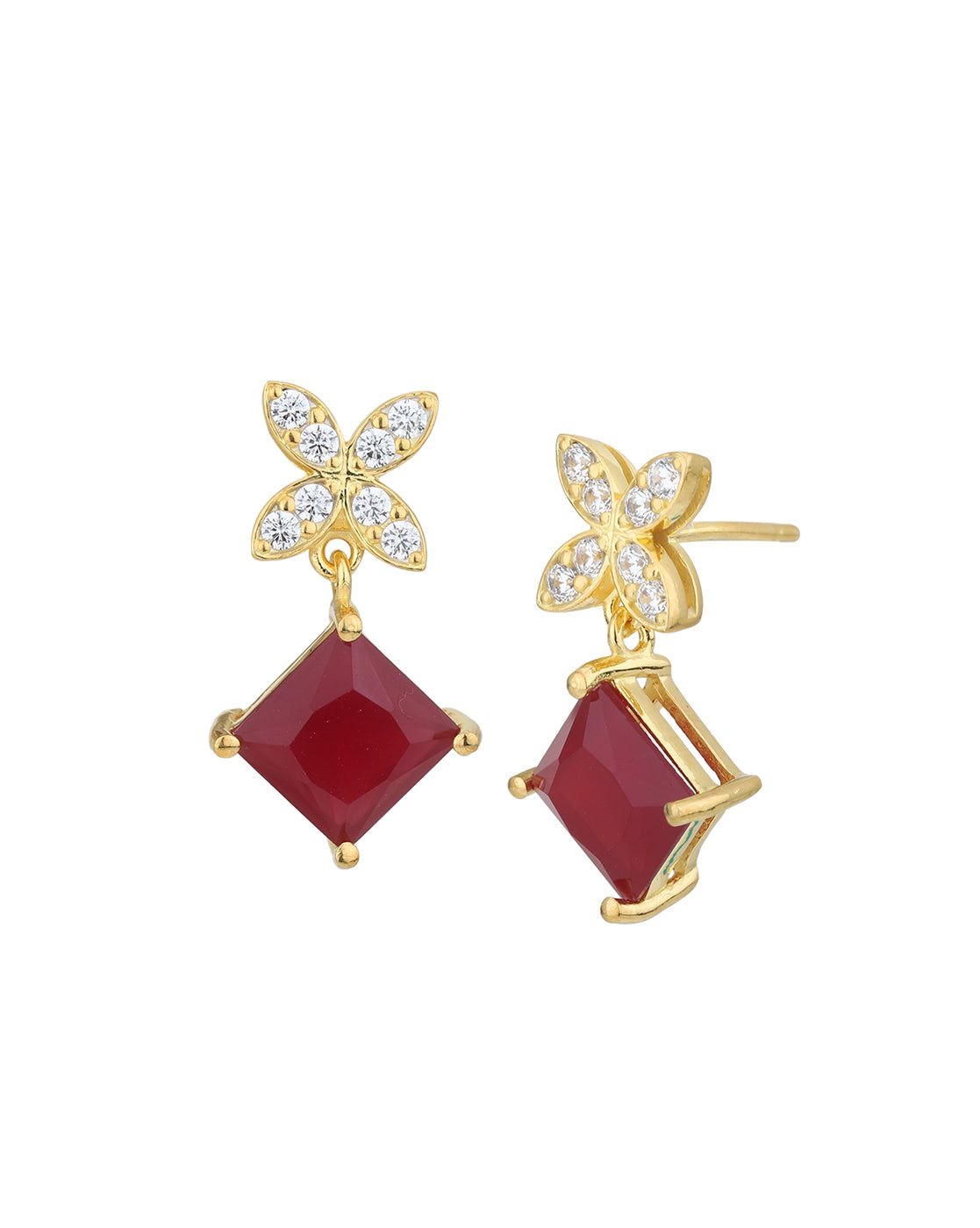 18kt Gold Plated CZ Floral Ruby Square Drop Earring