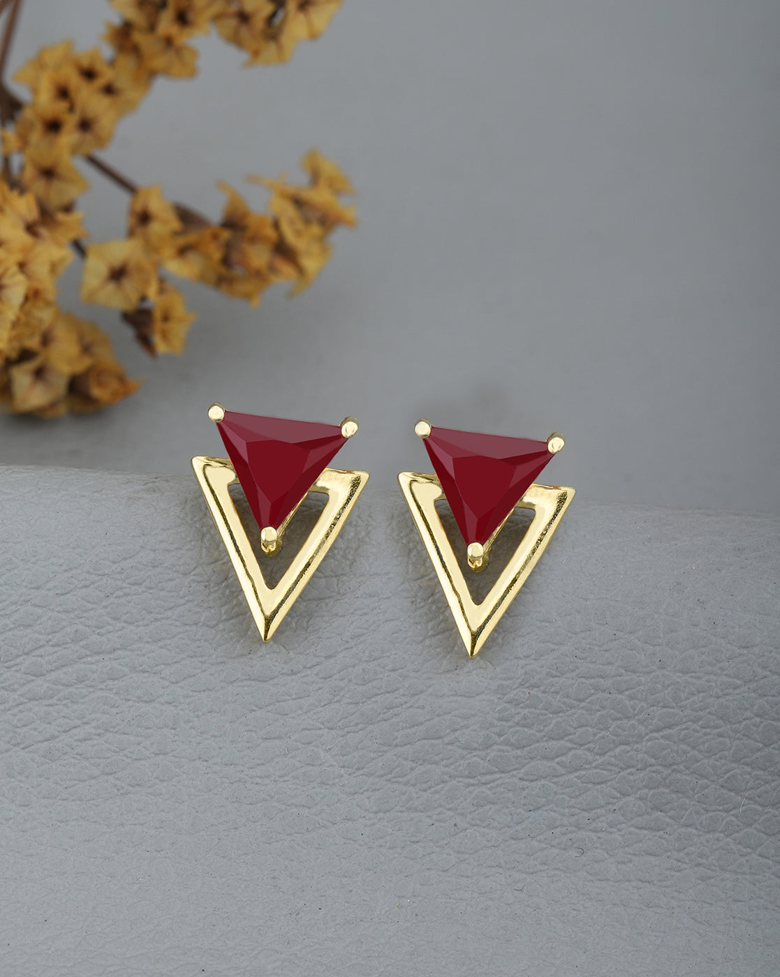 18kt Gold Plated Ruby Triangular Stud Earring