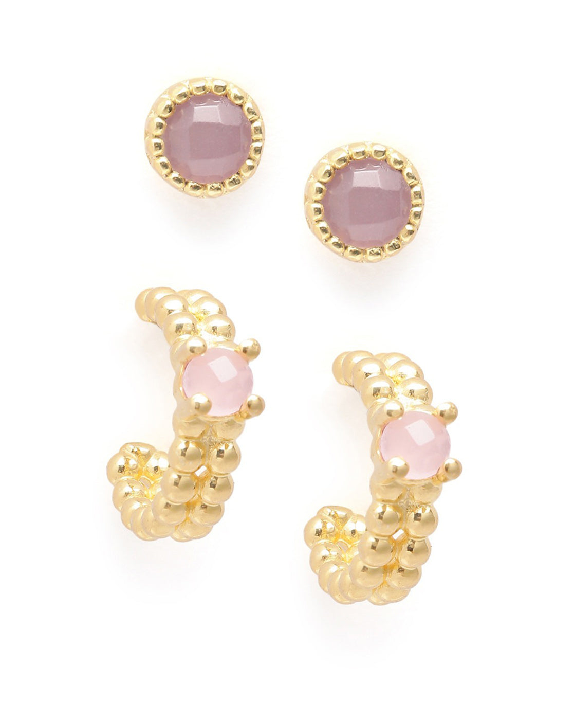 Set of 2 18kt Gold Plated Rose Quartz Studded Earring