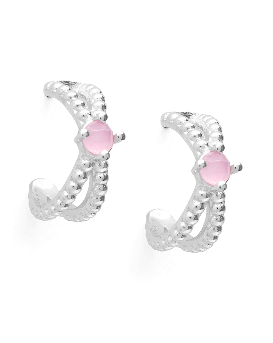 Rhodium Plated Pink Quartz Studded Half Hoop Earriing
