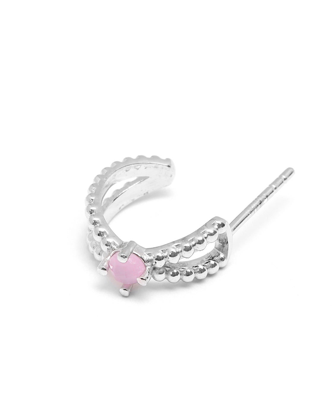 Rhodium Plated Pink Quartz Studded Half Hoop Earriing