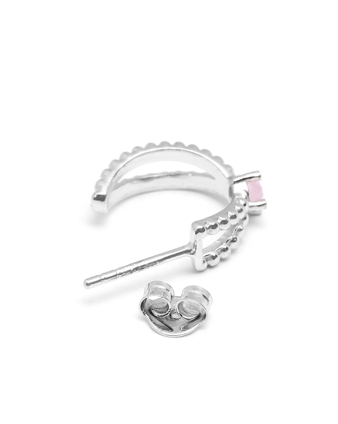 Rhodium Plated Pink Quartz Studded Half Hoop Earriing